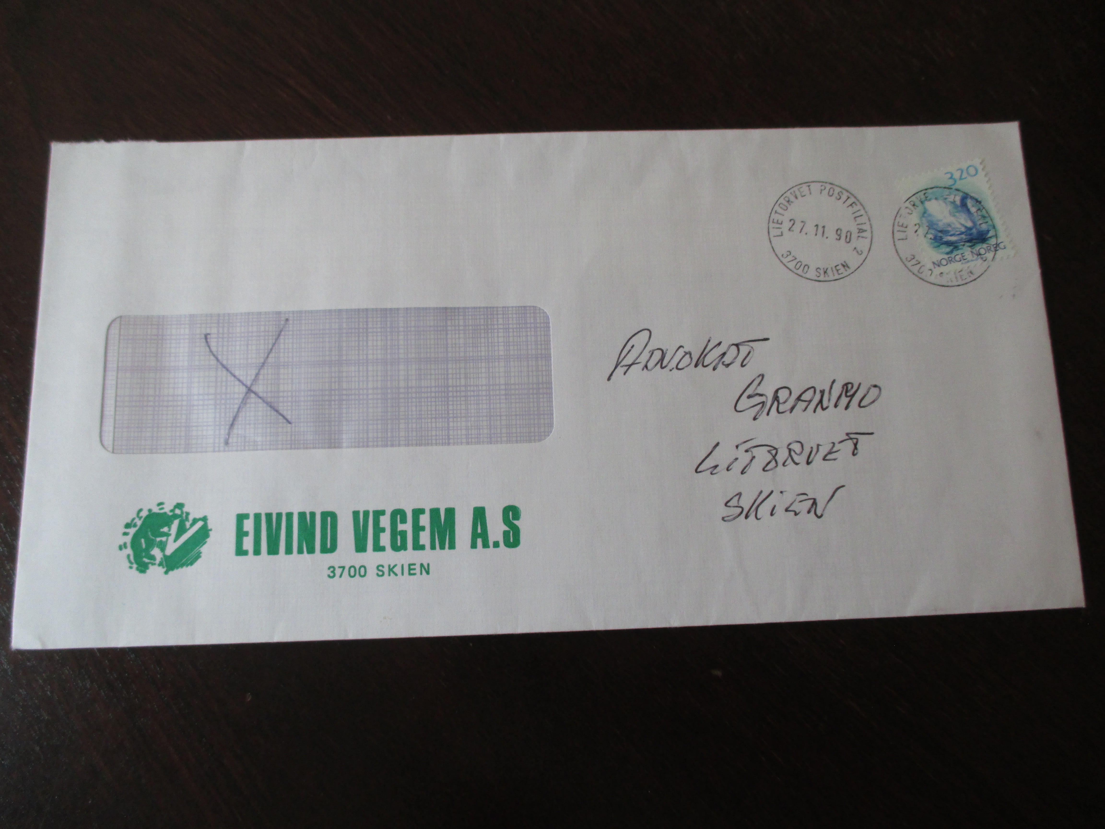 Brev st. Lietorvet Postfilial 2 Skien 27.11.1990. (I24N)