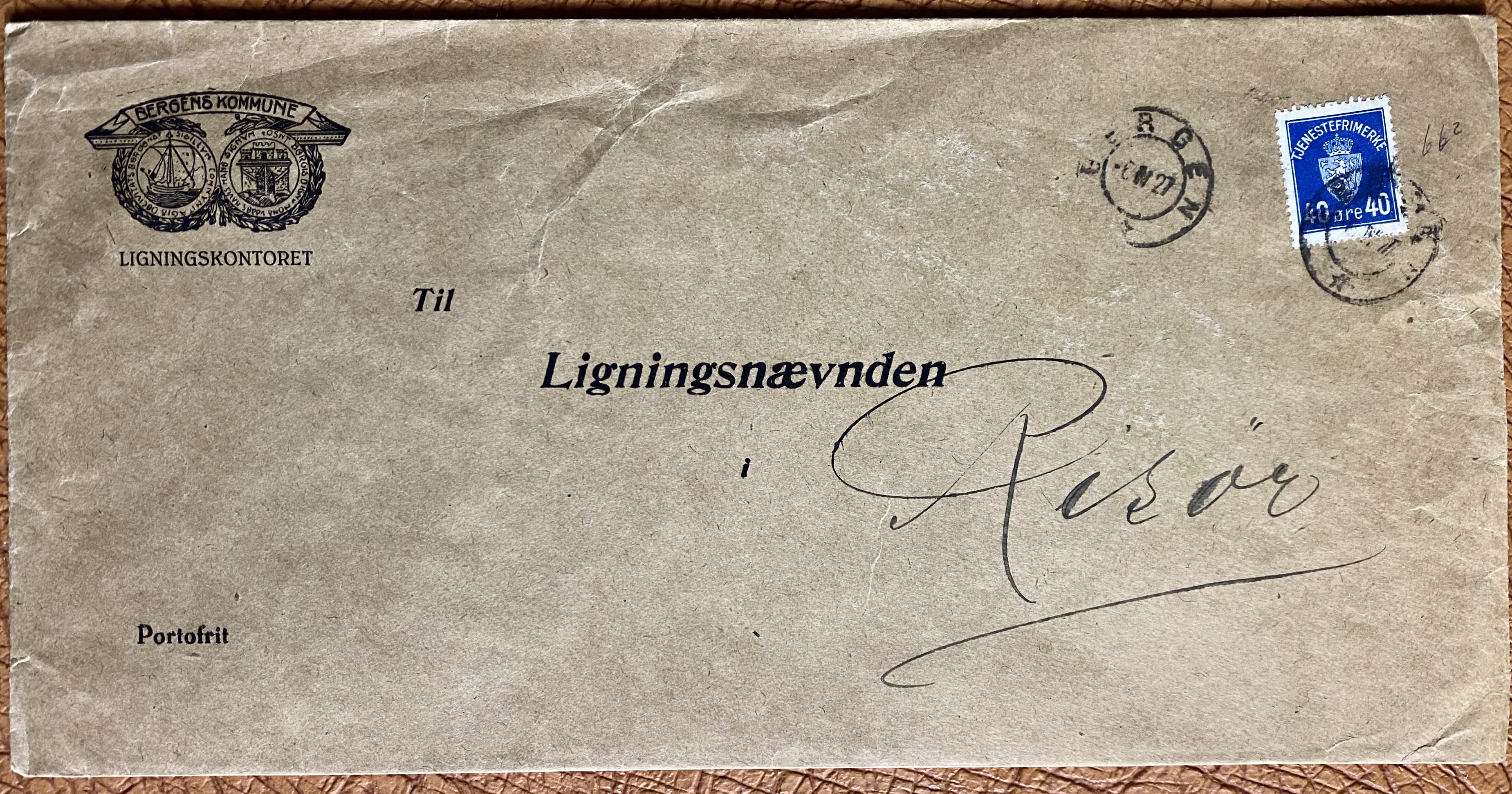 Brev NK T6 Adr Risør St Bergen -6 IV 27 Bergens Kommune Ligningskontoret