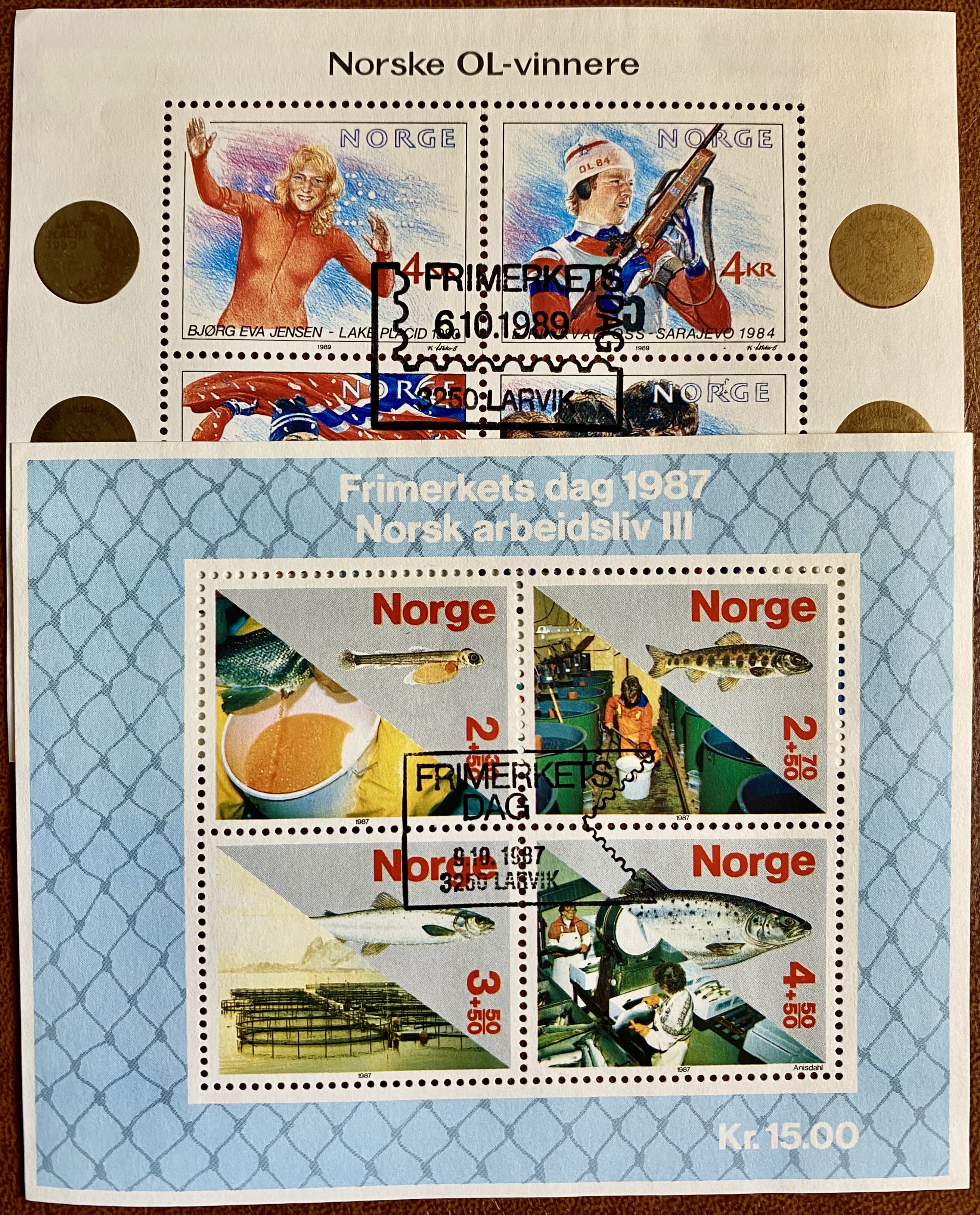 2 stk Miniark Stemplet Larvik Frimerkets Dag i 1987 og 1989