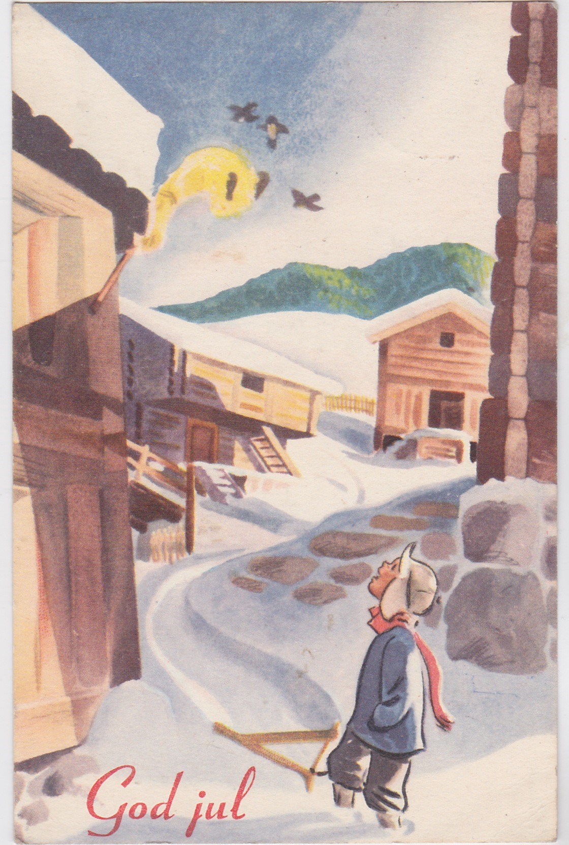 Jørgen Thorsrud-Gutten på gården er fugleinteressert og følger med på alle småfuglene i juleneket -Postet Moisund 19.12.44
