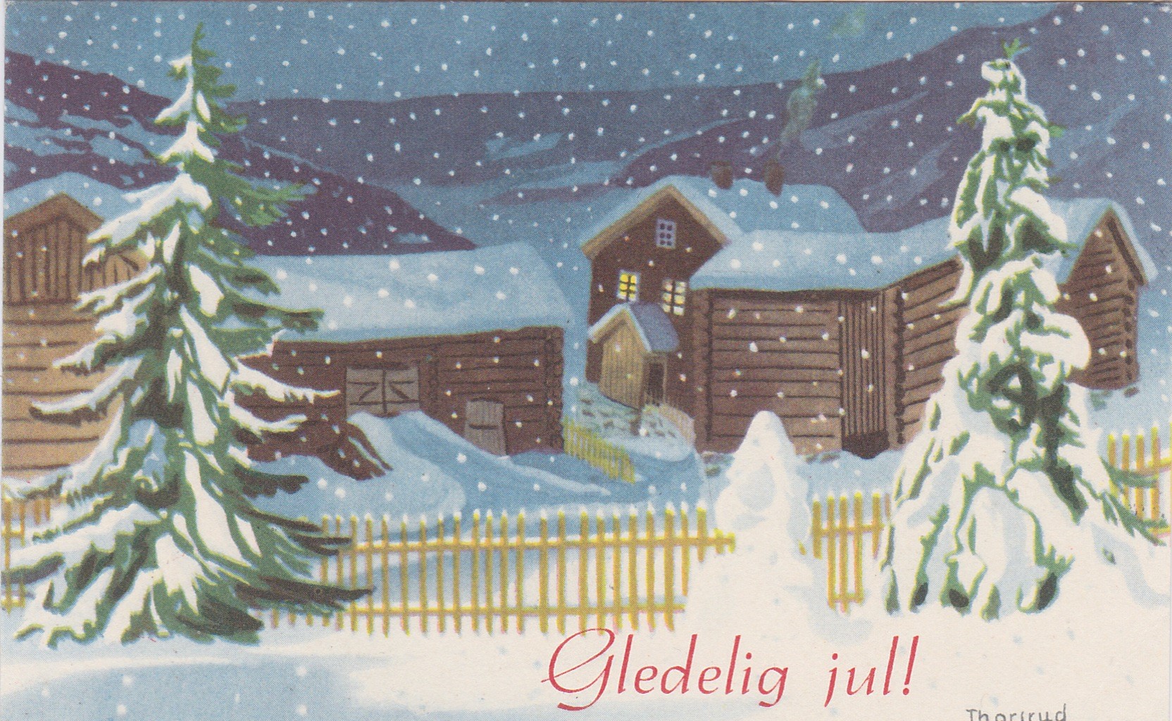 Jørgen Thorsrud-Julekvelden senker seg over gården med et lett snødryss 1949