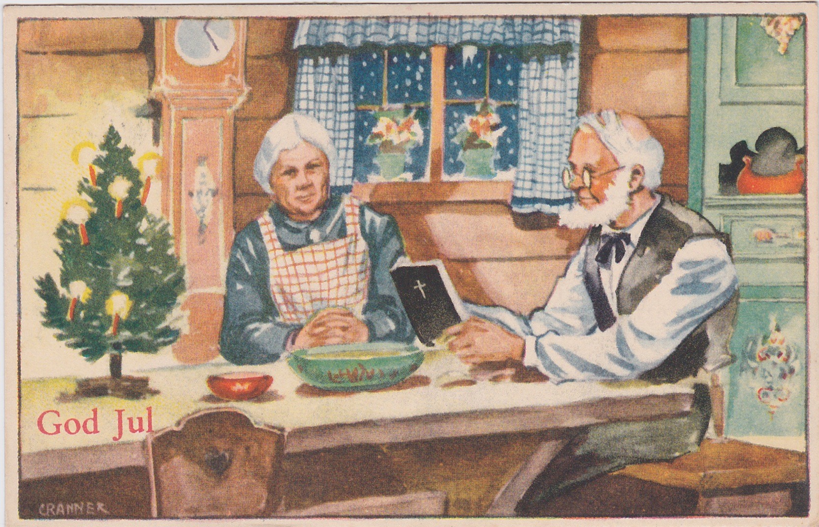 Birger Cranner-Gamle mor og far ved bordet, og far leser i bibelen 1946