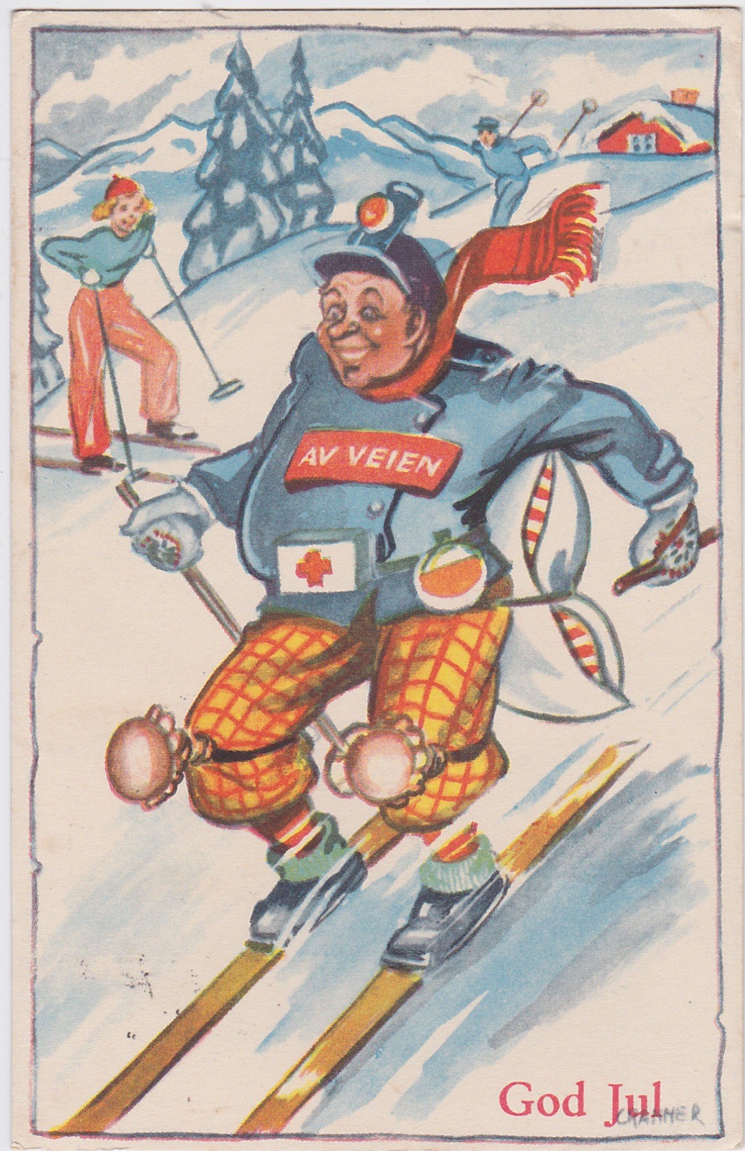 Birger Cranner-Unna i bakken-Mann på ski med god beskyttelse av kroppen både foran og bak-Norsk arbeide_poststemplet 19.12.46