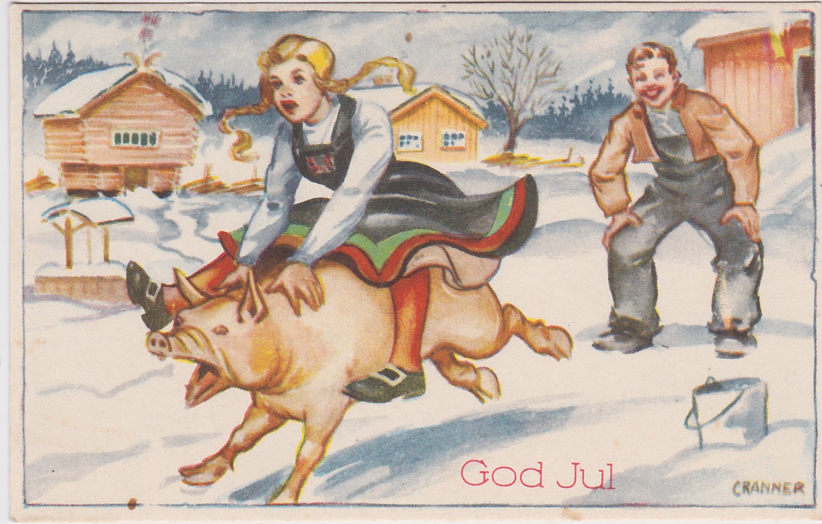 Birger Cranner-Ei jente rir på grisen iført bunad mens gutten ler seg skakk-Ikke postsendt-Julemerke 1946 med Kong Håkon 7.