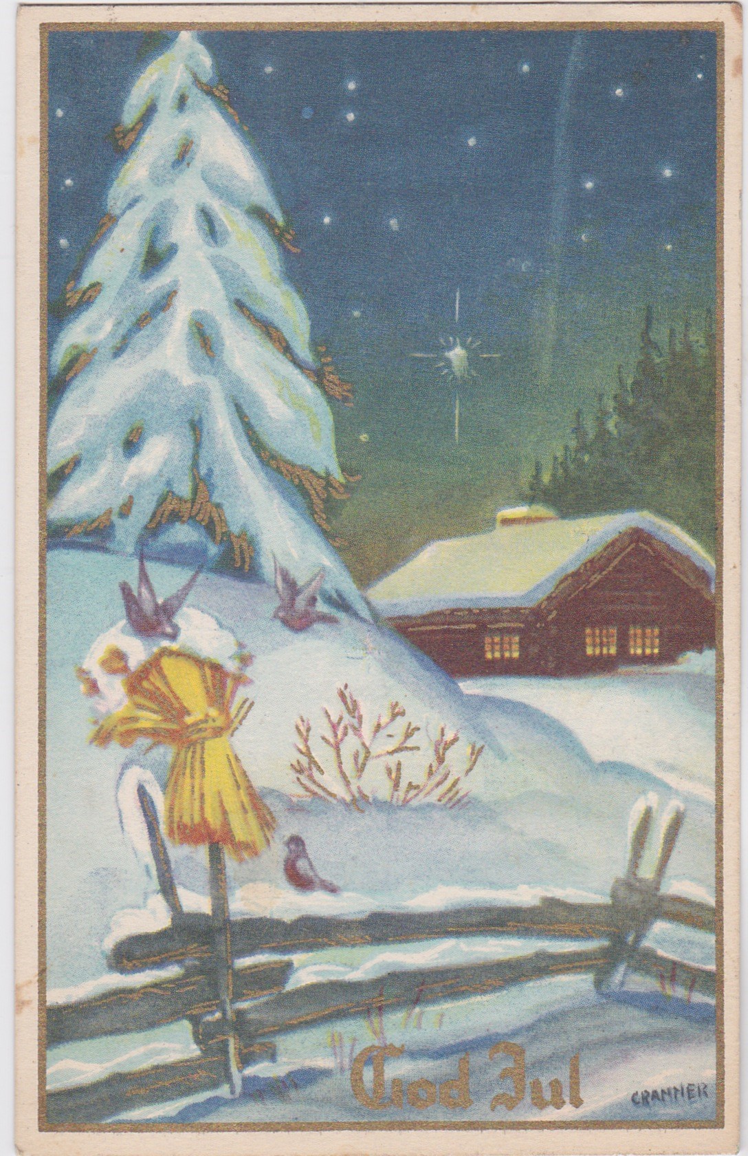 Birger Cranner-Kald og stjerneklar vinternatt julaften med Betlehemstjrena som lyser på gården - Poststemplet Hornes 23.12.1944