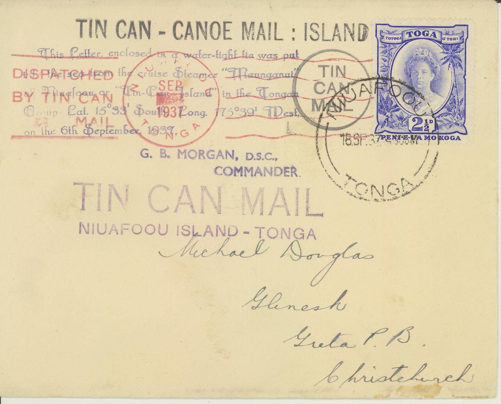 Brev TONGA. Pent TIN CAN - CANOE MAIL