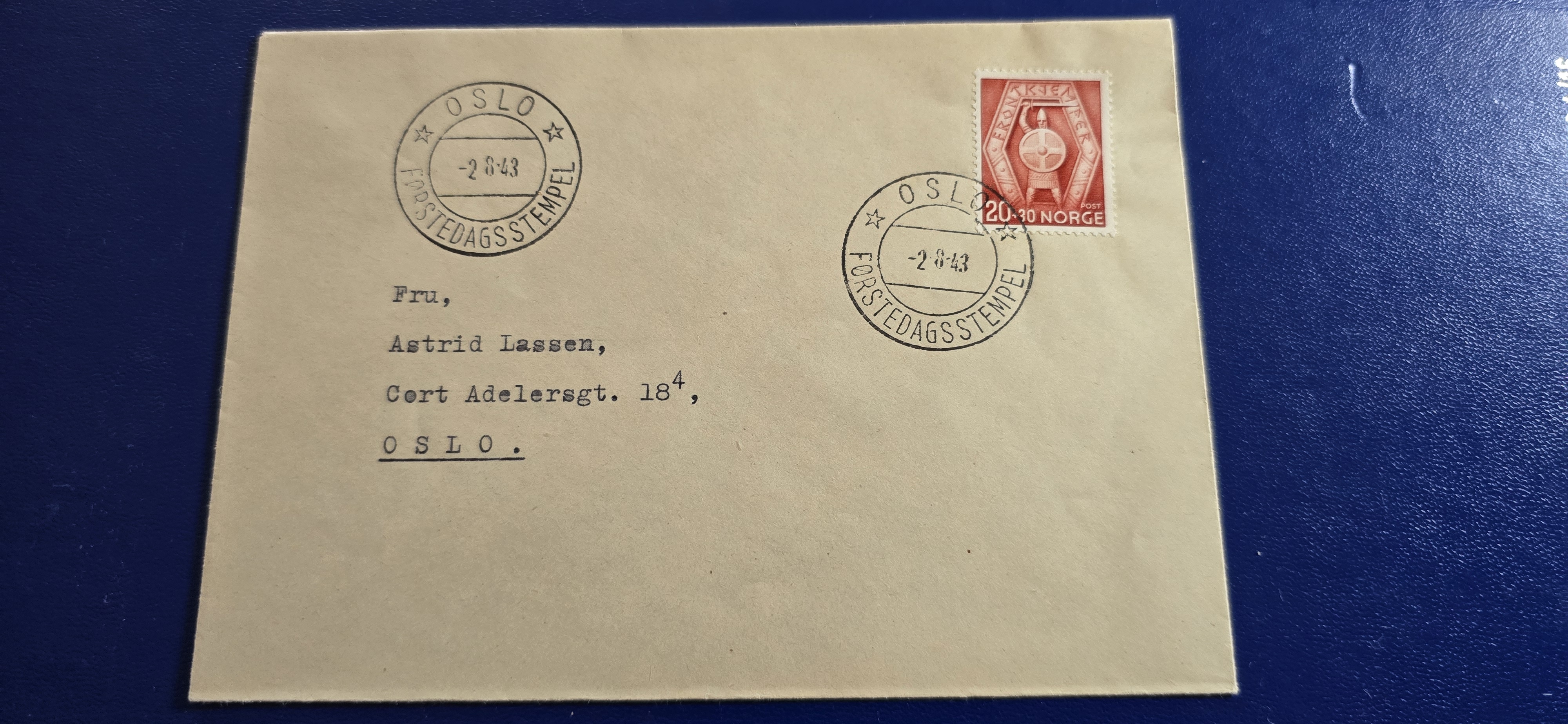 FRONTKJEMPER NK 318  FDC OSLO -2 8-43 BIRGER LASSEN KJØTHALLEN