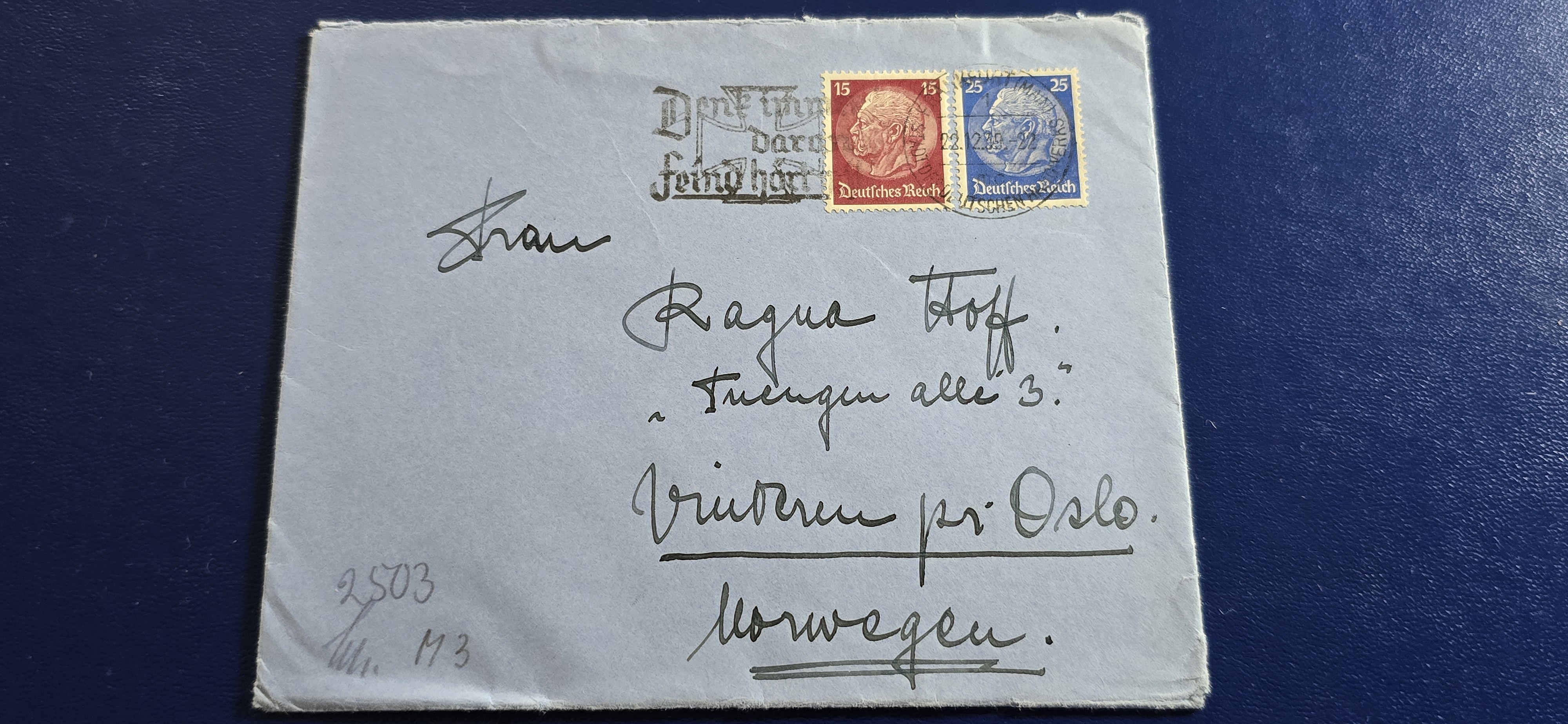 FRANKFURT 22.12.39 SENSURBREV TIL OSLO MICHEL 488 € 35,-
