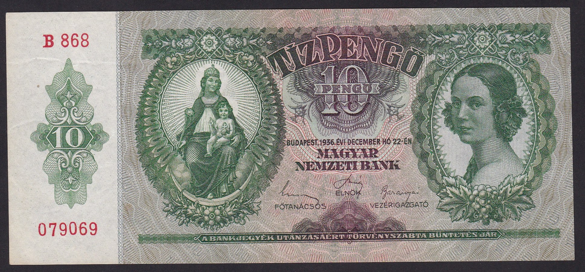 Ungarn . 1936 . 10 Pengo .  kv 01/0