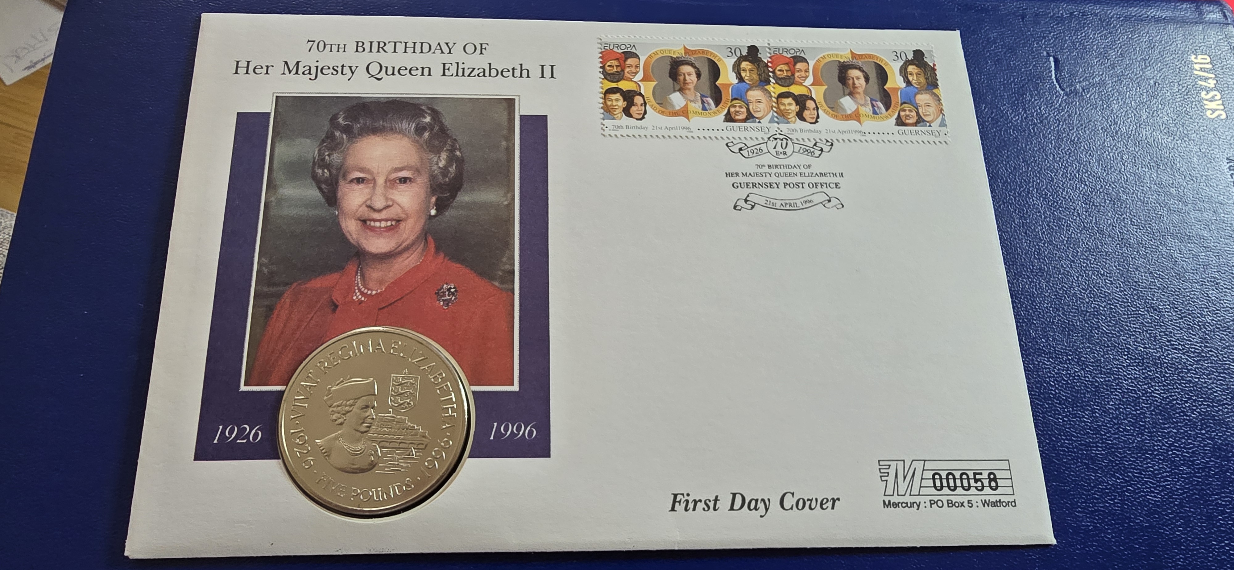 MYNTBREV GUERNSEY 5£ 70TH BIRTHDAY ELISABETH 1996