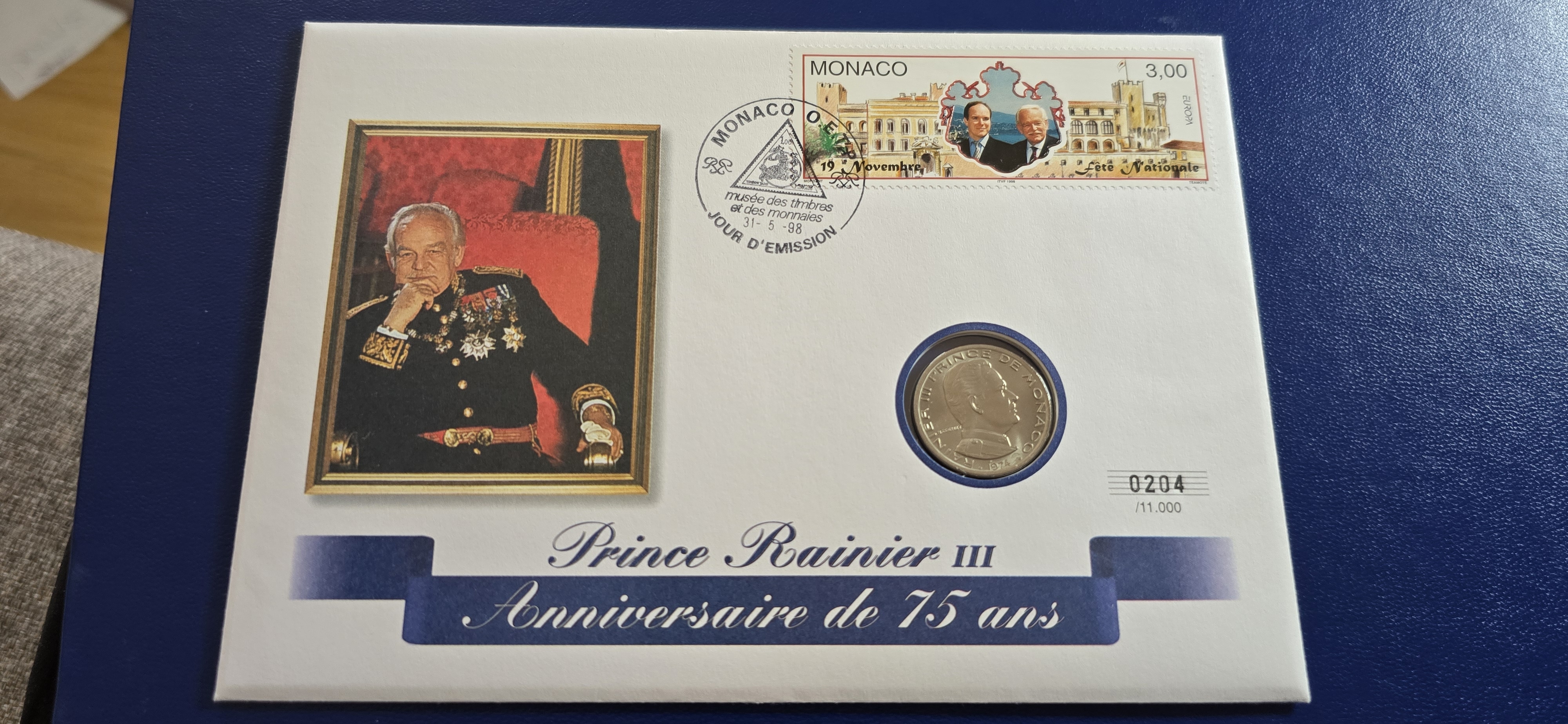 MYNTBREV MONACO 1998 1Fr 1974 PRINCE RAINIER 75ÅR