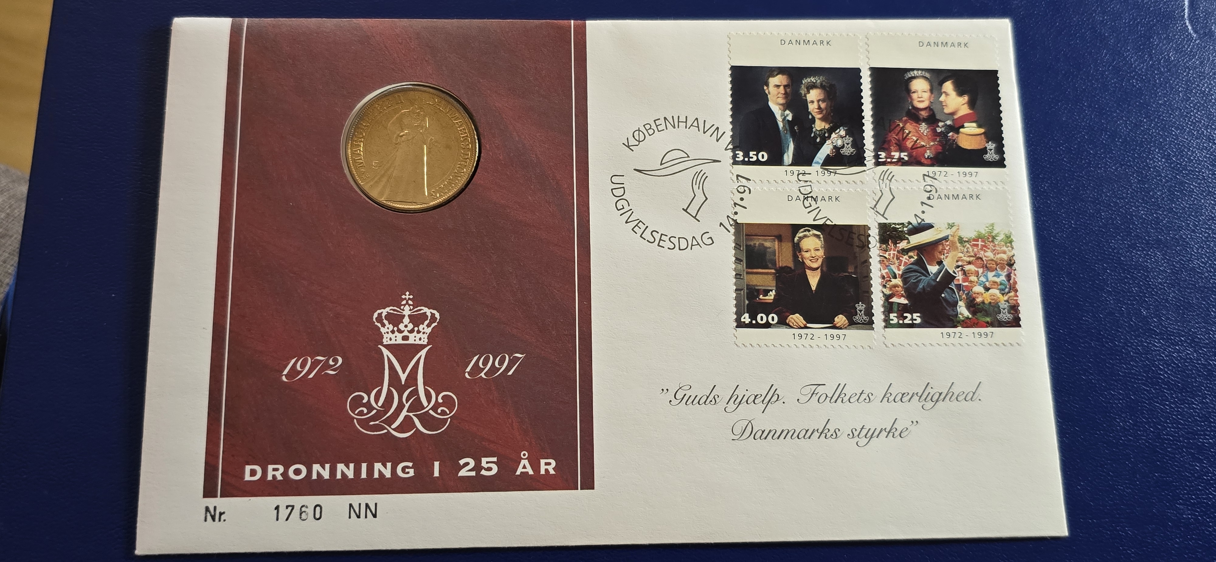MYNTBREV DANMARK 20,- 1997 MARGRETHE DRONNING 25ÅR
