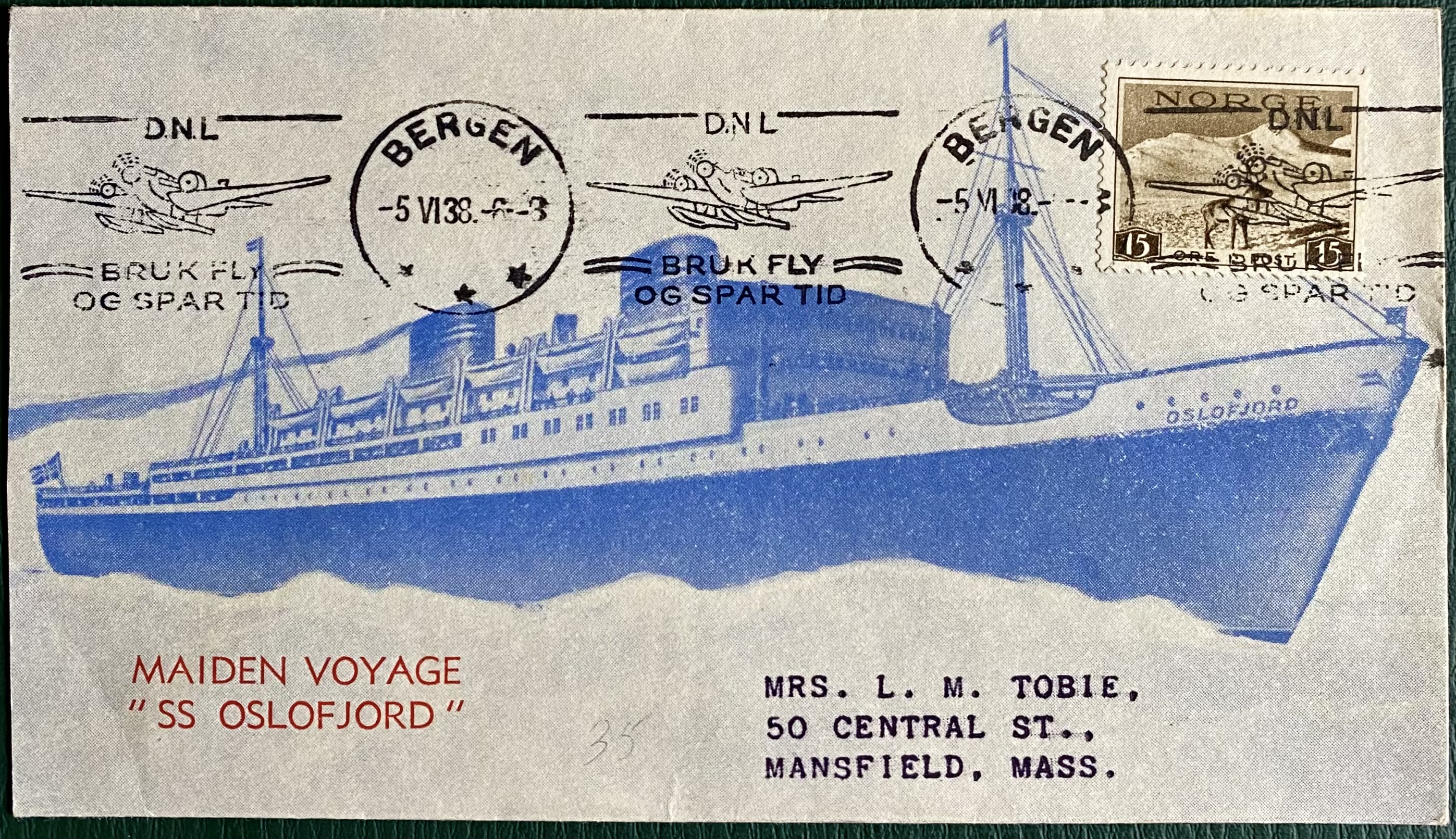 Brev Maiden Voyage SS Oslofjord St Bergen -5 VI 38