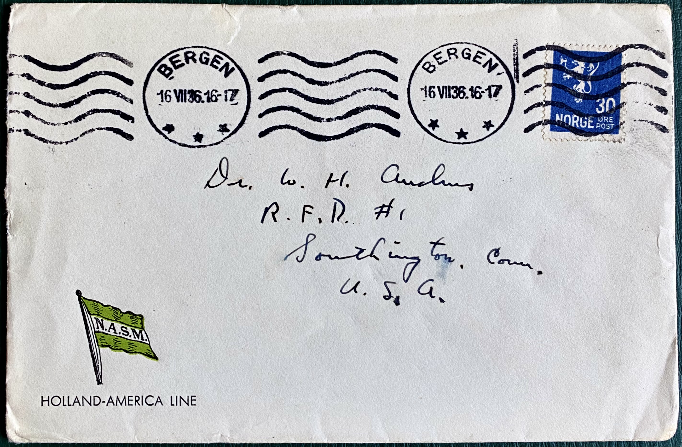 Brev Holland-America Line N.A.S.M. St Bergen 16 VII 36 Adr. USA