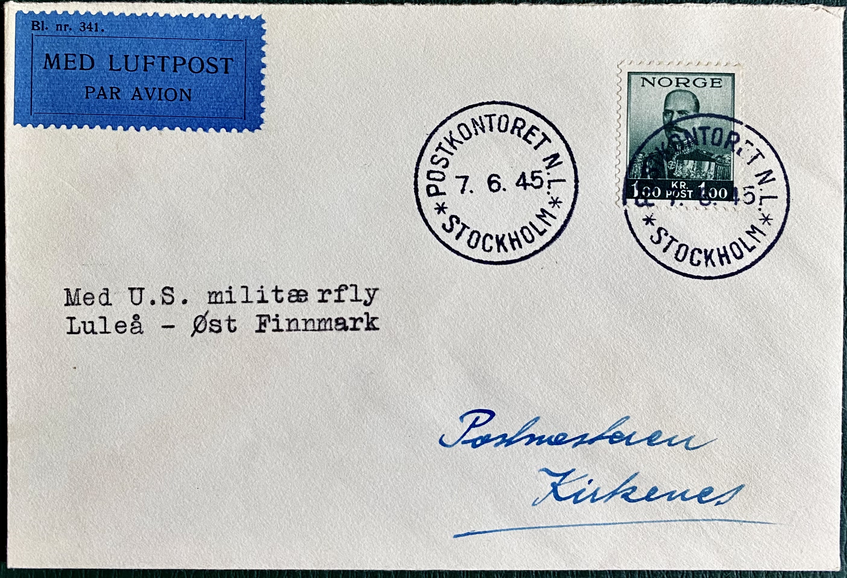 Brev St Postkontoret N.L. Stockholm 7.6.45 Adr Postmesteren i Kirkenes