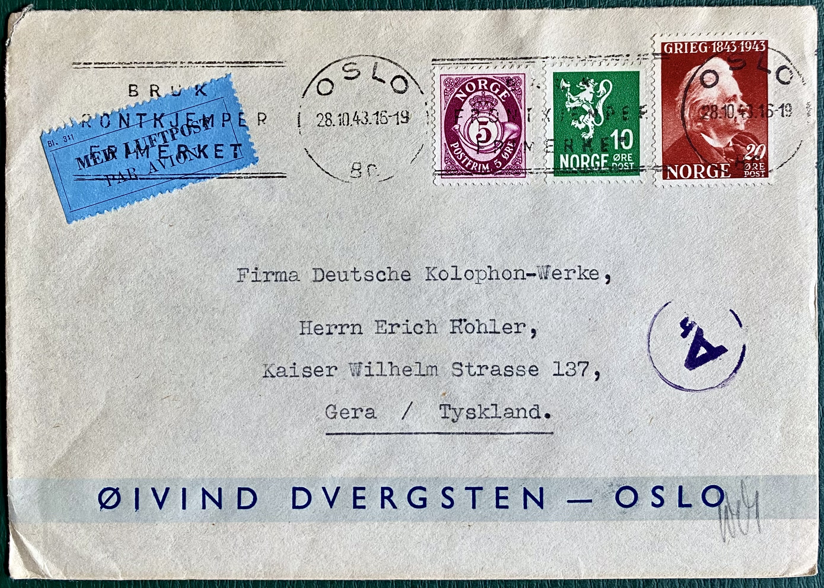 Brev Øivind Dvergsten St Oslo 28.10.43 Sensurstempel