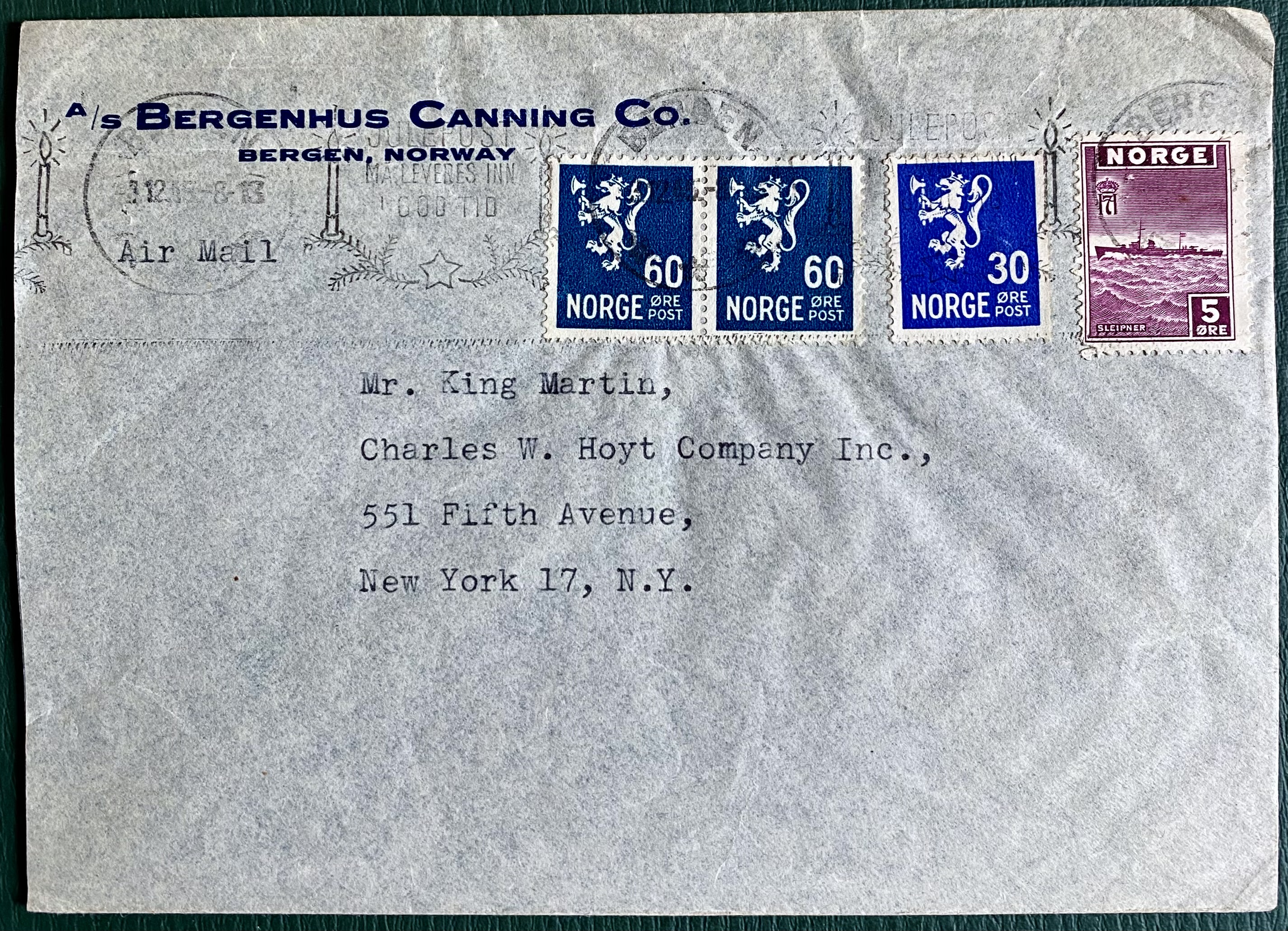 Brev A/S Bergenhus Canning Co. St Bergen -7.12.45 Adr USA