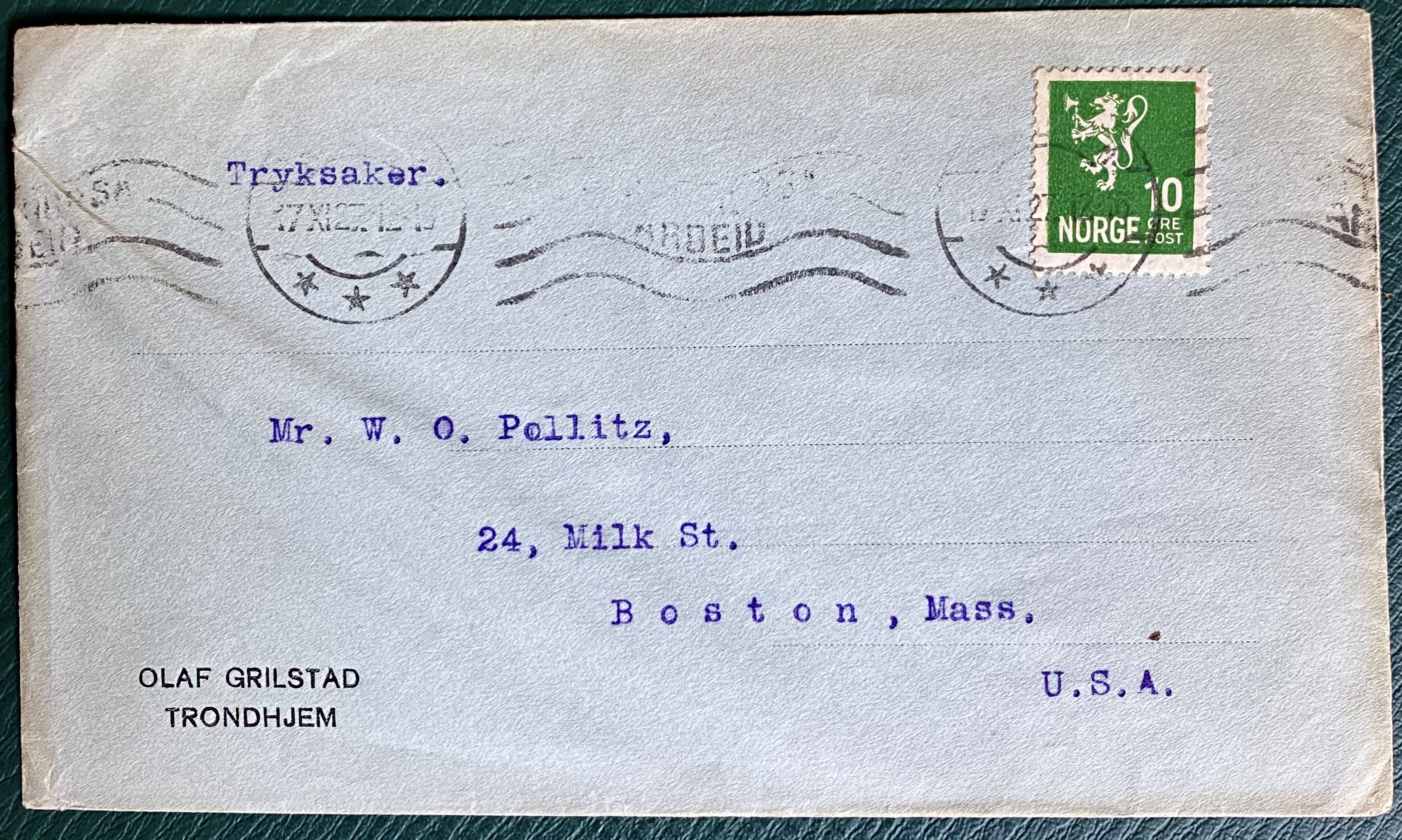 Brev Olaf Grilstad St Trondhjem 17 XI 27 Adr. Boston USA