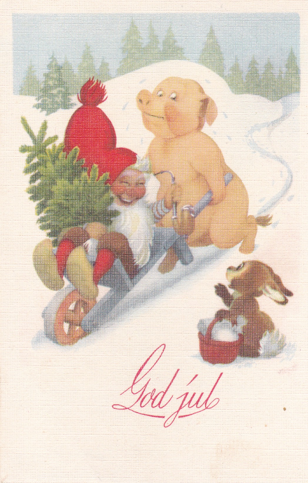 God Jul: Gris kjører nisse på trillebor ( Mittet 5805)