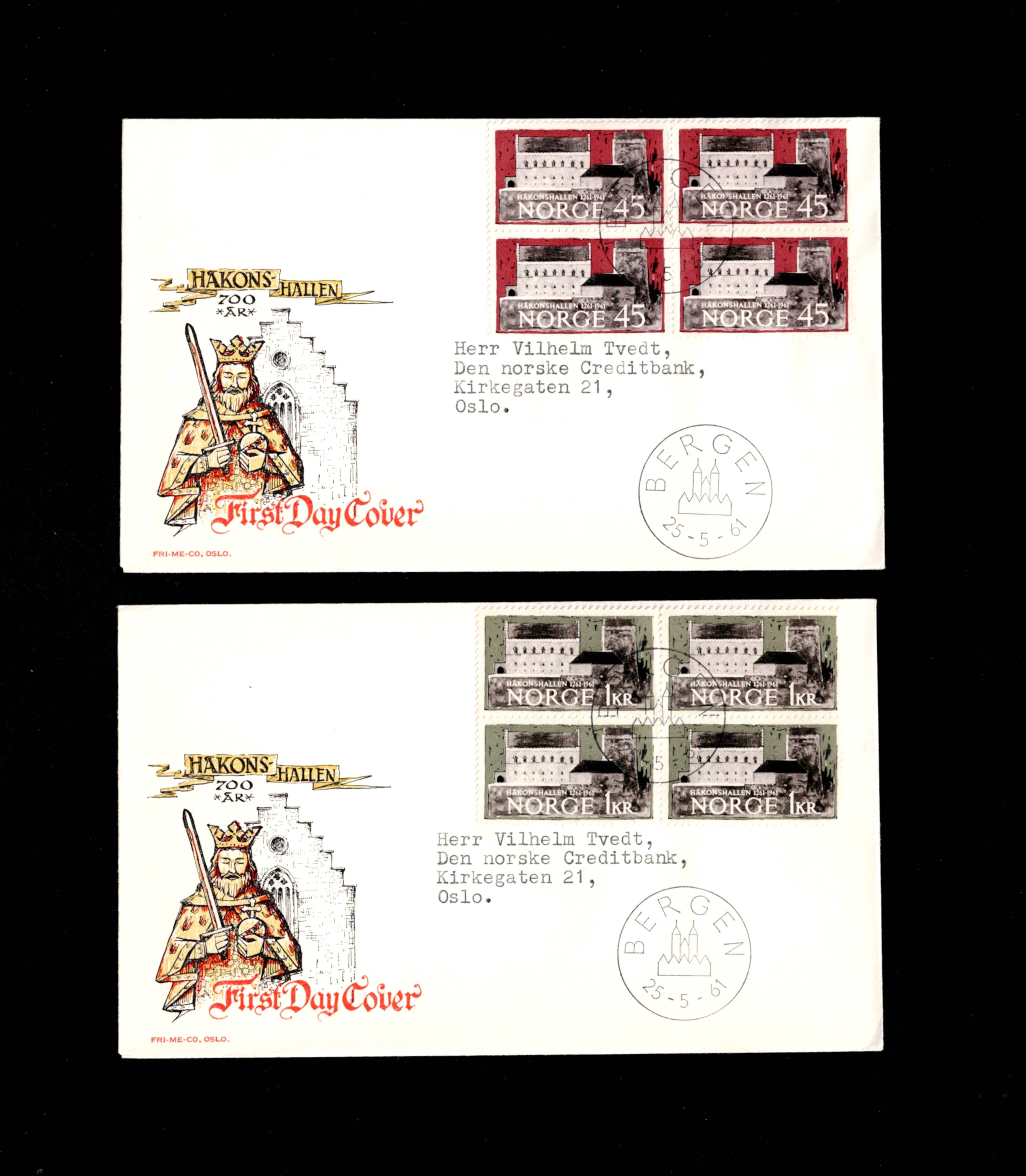 FDC 4-Blokk 1961 NK496-497 Håkonshallen vignet FRI-ME