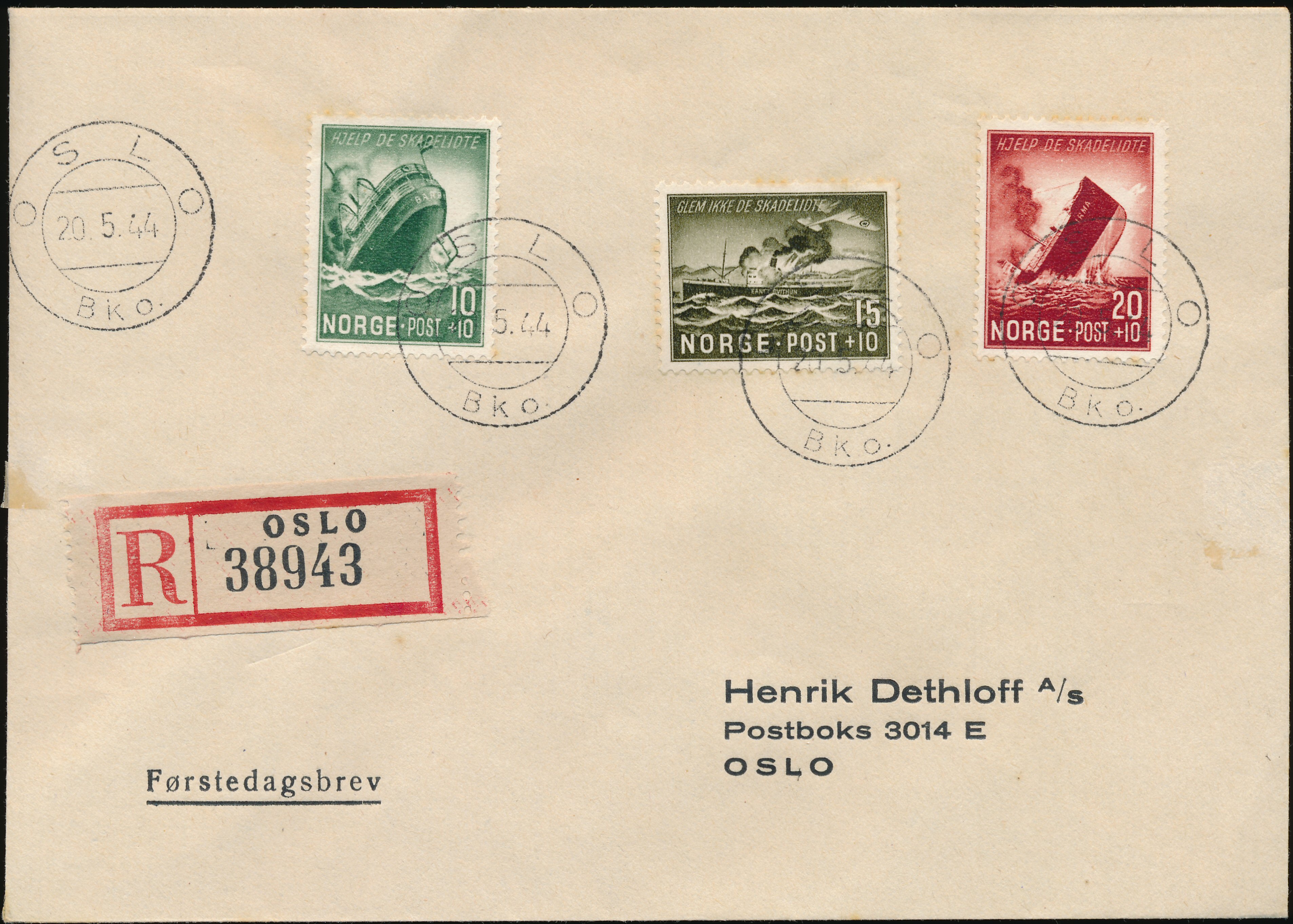 FDC 1944 NK322-NK324 tekstvignett 1 REK Oslo