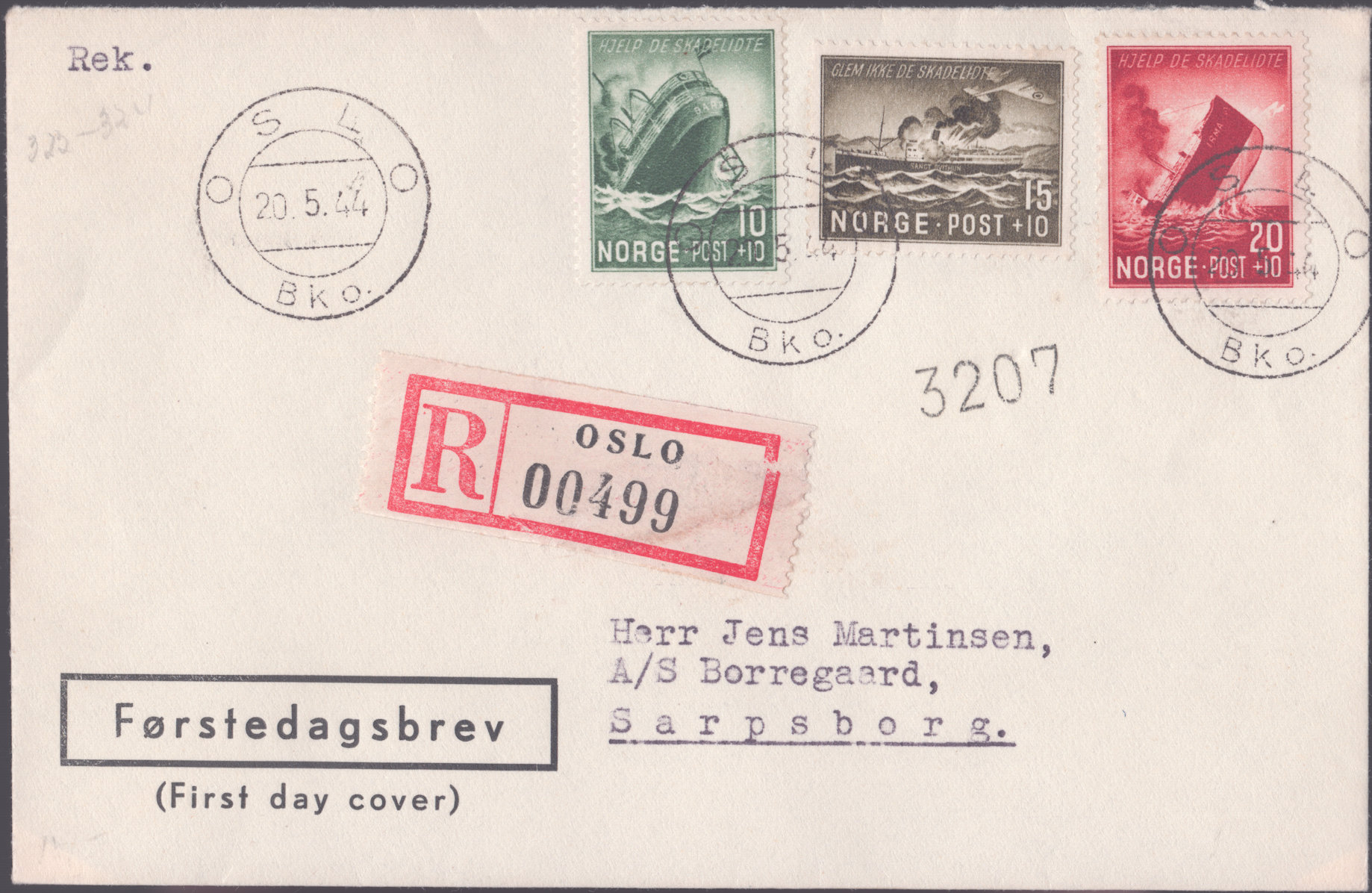 FDC 1944 NK322-NK324 tekstvignett 4 REK Oslo