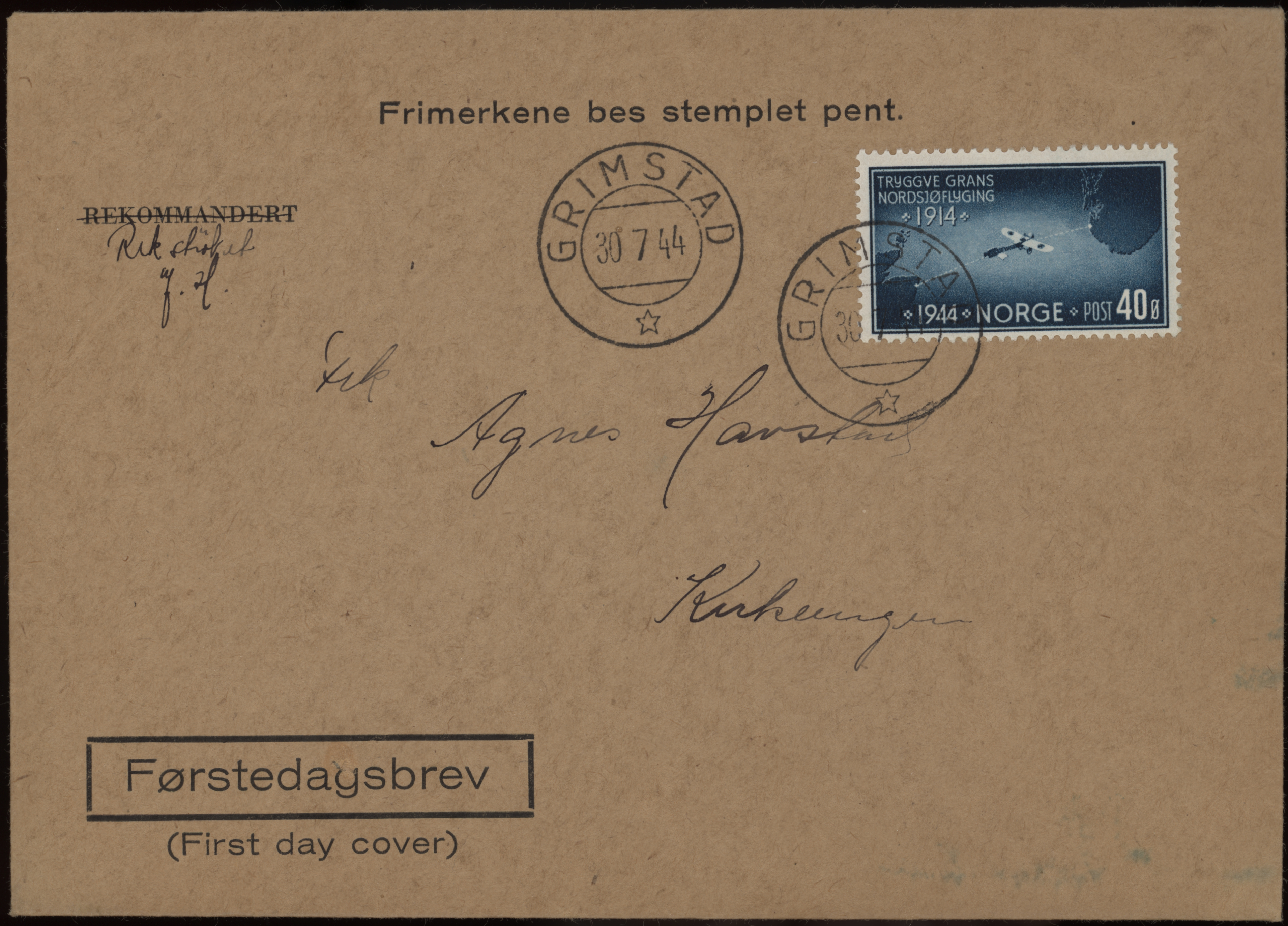 FDC 1944 NK325 tekstvignett 2 Grimstad