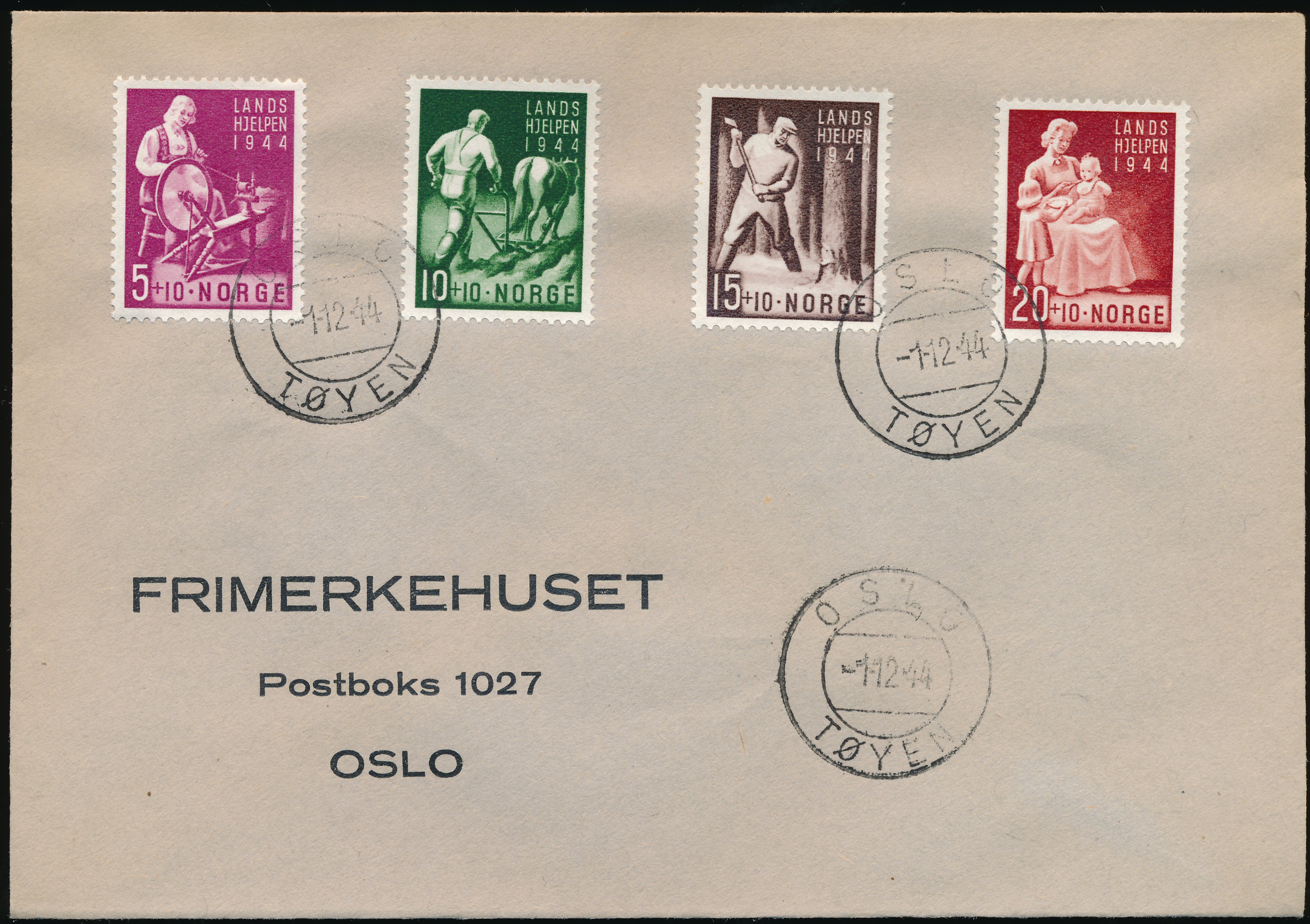 FDC 1944 NK326-NK329 tekstvignett 3 Oslo