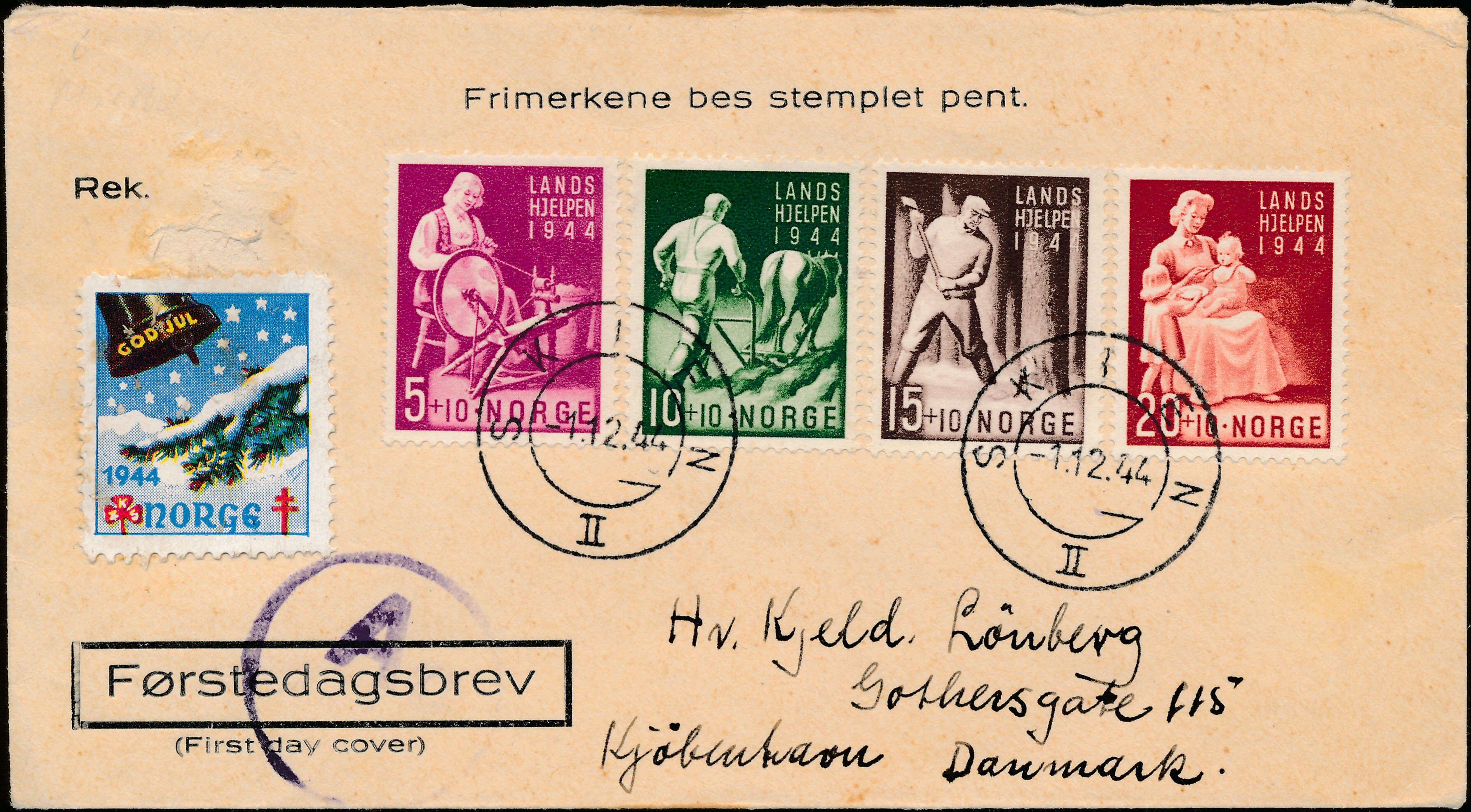 FDC 1944 NK326-NK329 tekstvignett 4 Skien