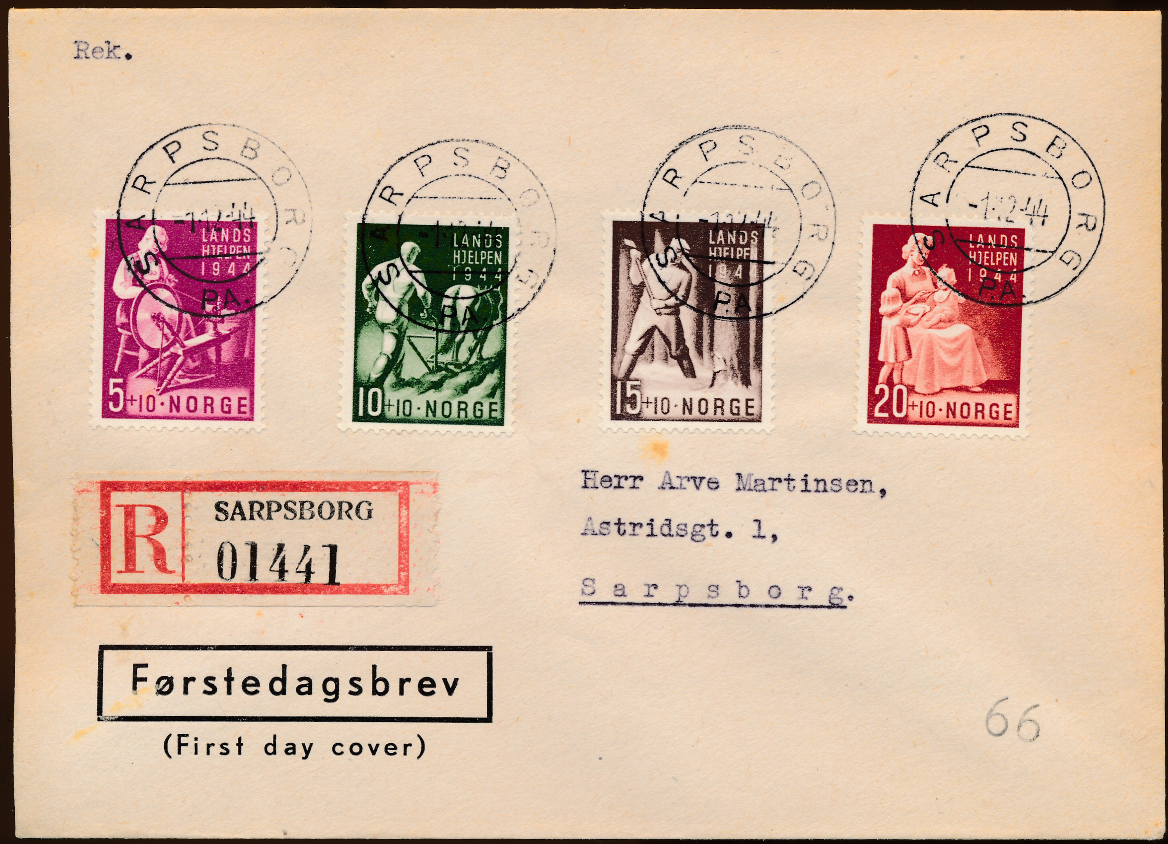 FDC 1944 NK326-NK329 tekstvignett 5 Sarpsborg
