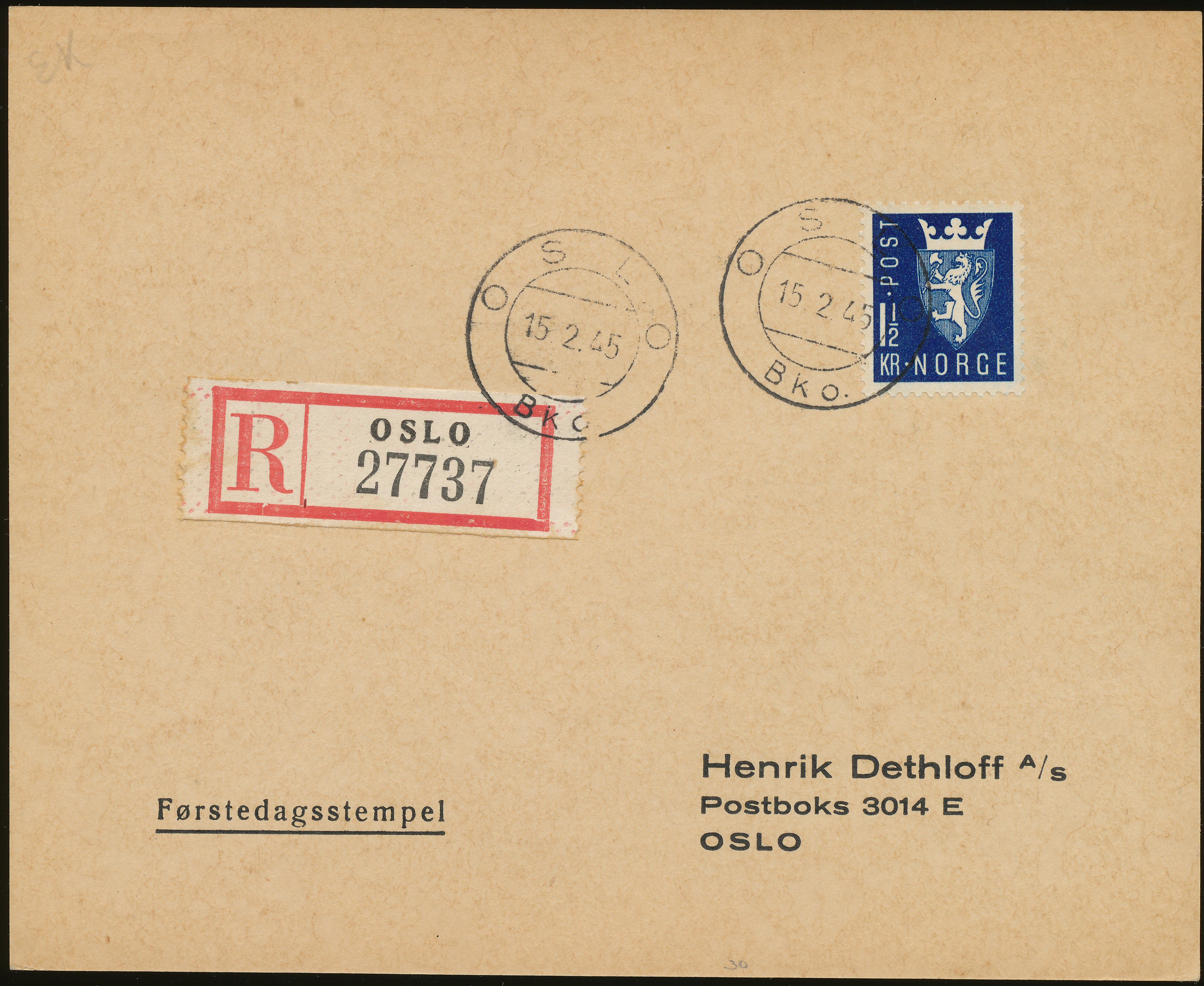 FDC 1945 NK330 tekstvignett 1 REK Oslo