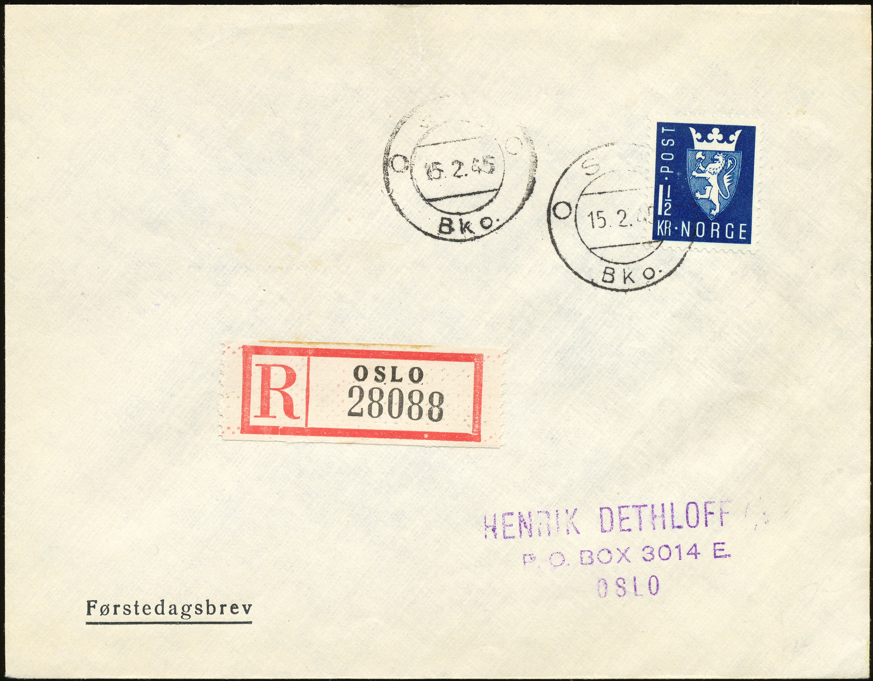 FDC 1945 NK330 tekstvignett 3 REK Oslo