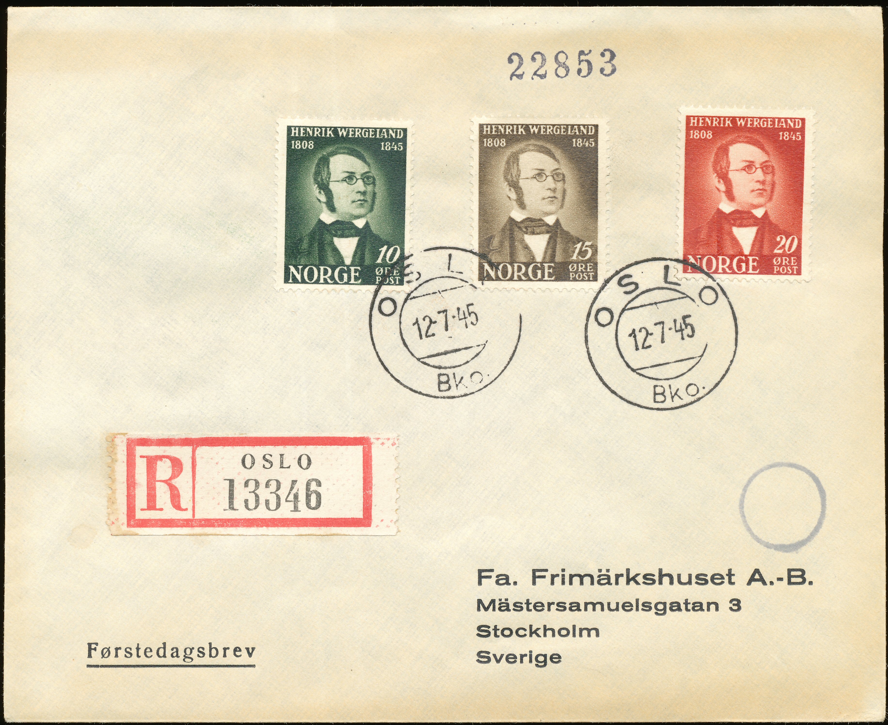 FDC 1945 NK339-NK341 tekstvignett 1 REK Oslo