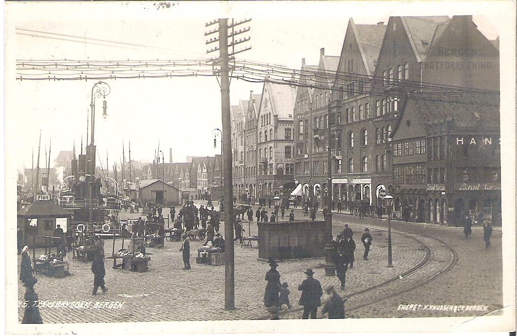 Bergen, Tyskebryggen 1926 med skipsstempel. K. Knudsen 5