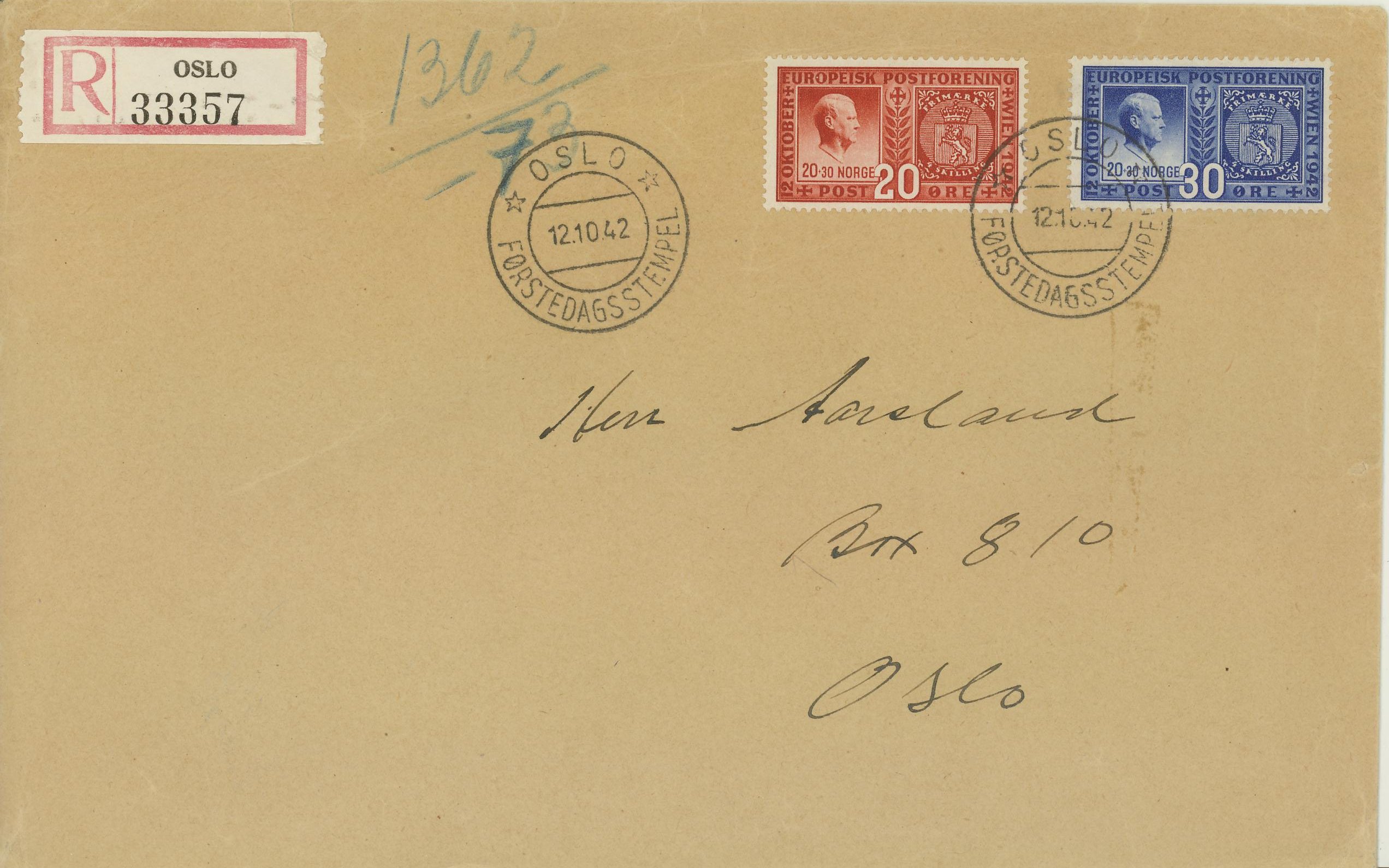 NK 309-310. FDC, rekomandert, ingen vingnett, kun poststemplet. Grad ?