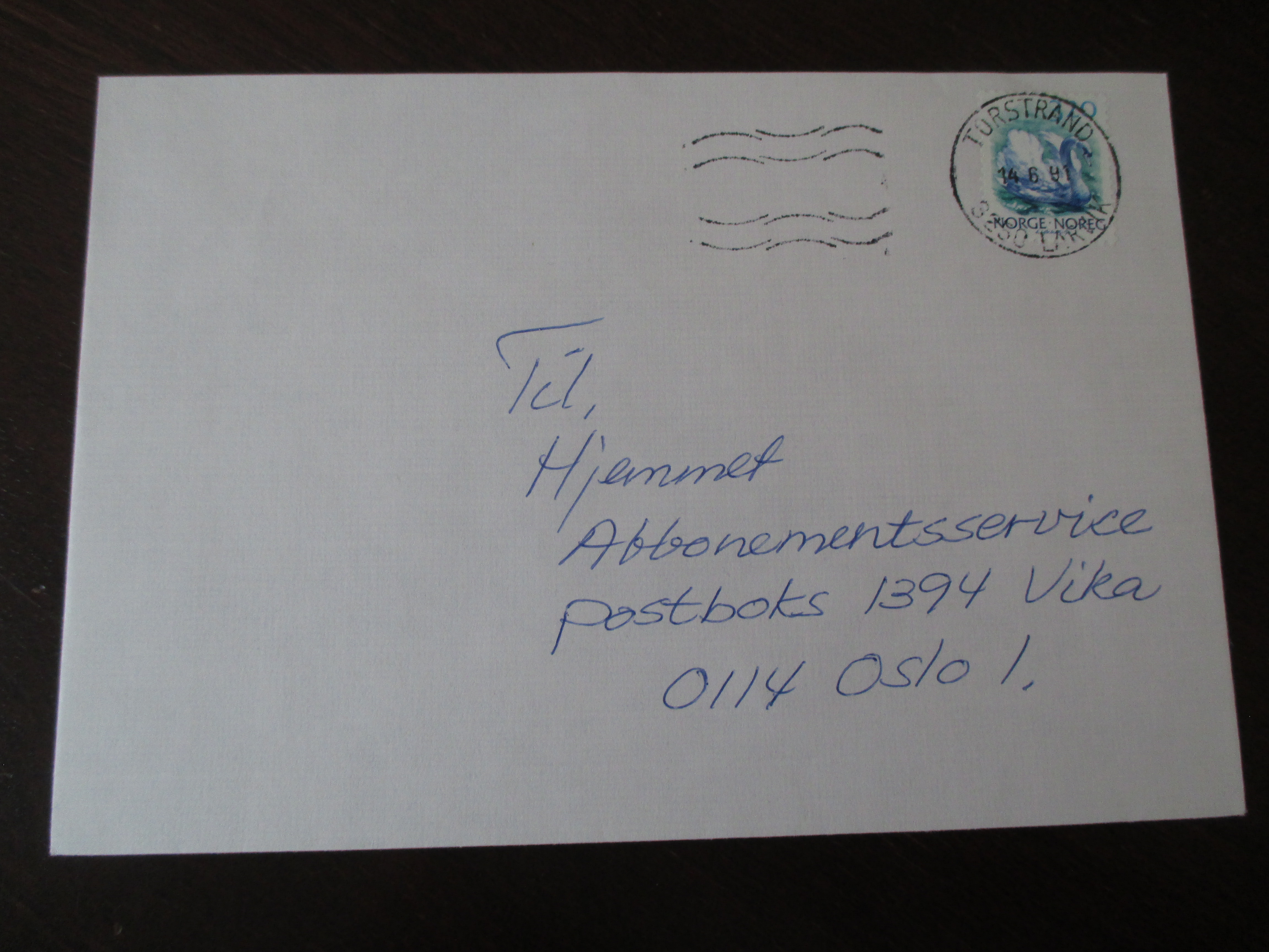 Brev st. Torstrand, Larvik 14.06.1991. Maskinstempel.
