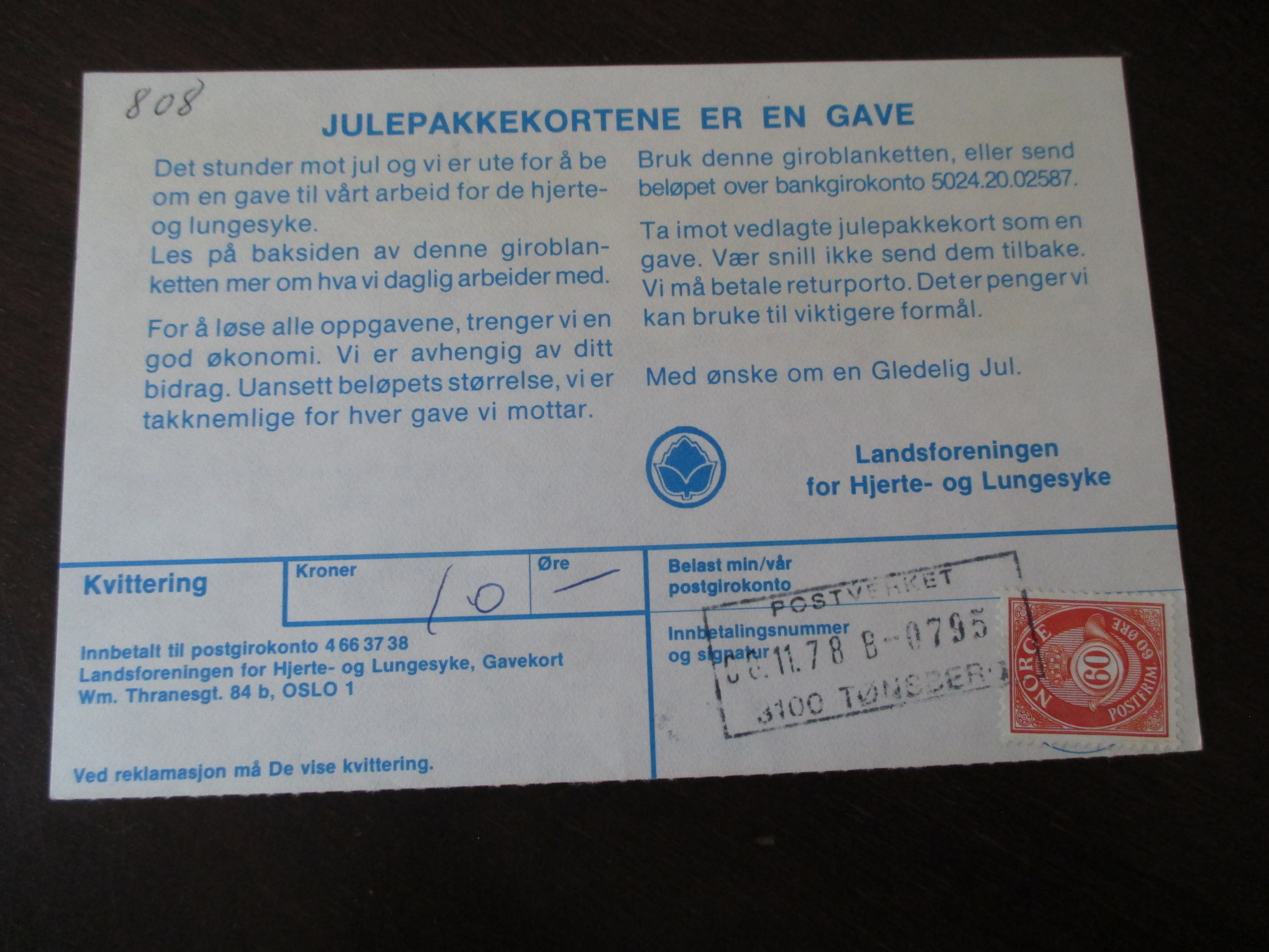 Girokvittering st. Tønsberg 08.11.1978. Datonummeratør.