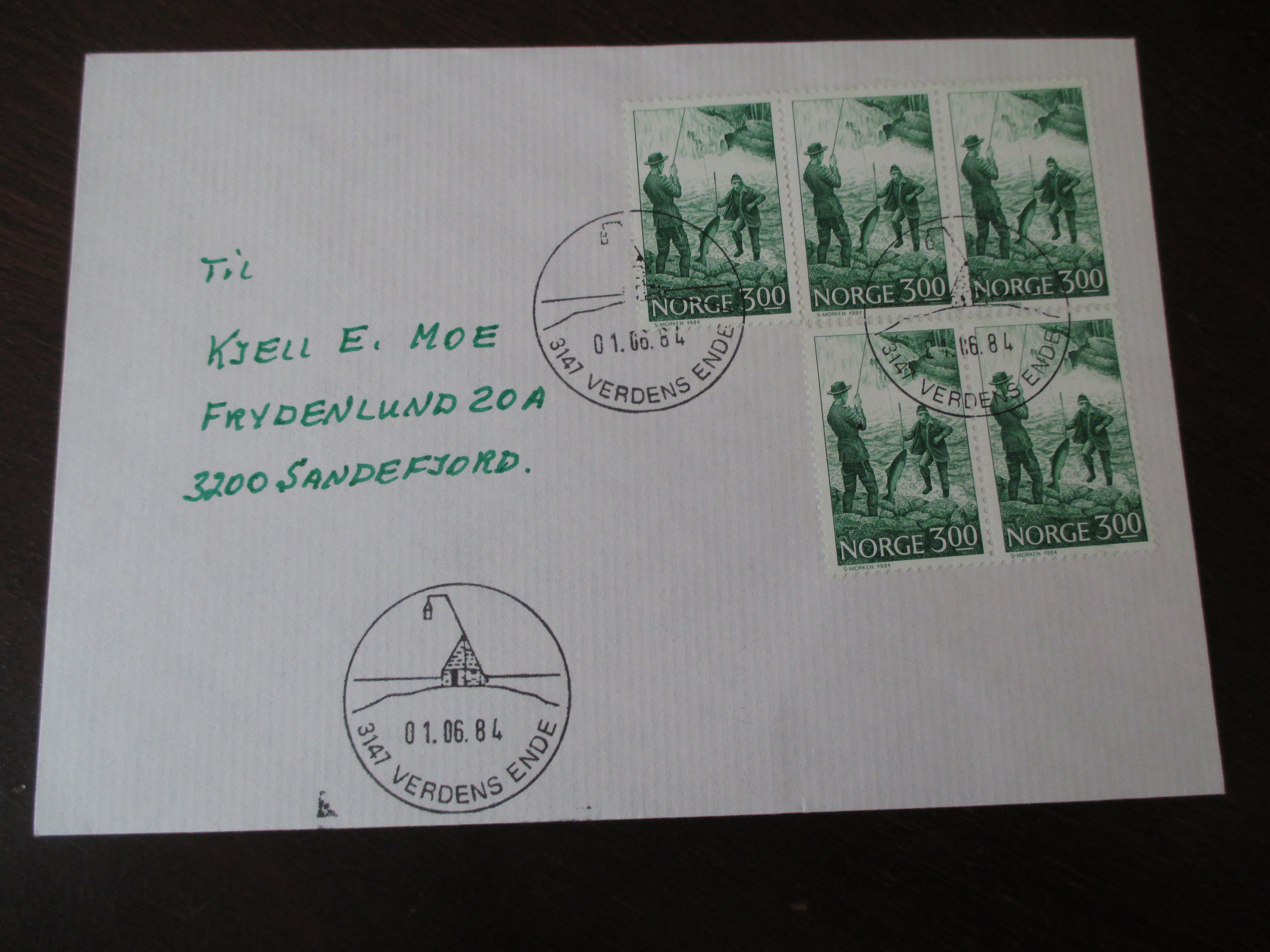 Brev st. Verdens Ende 01.06.1984. Motivdatostempel.
