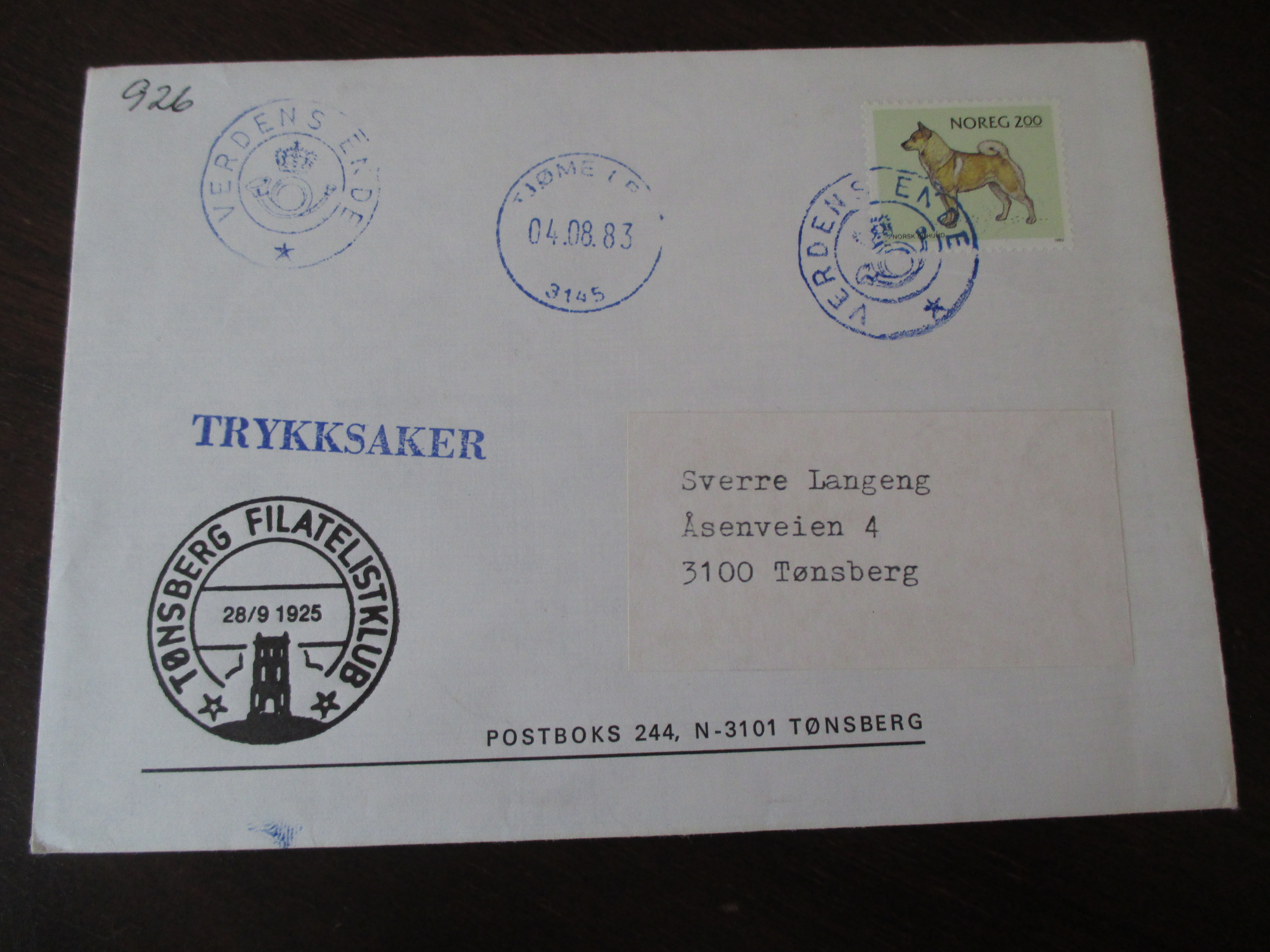 Brev st. Verdens Ende Kronet posthorn + Tjøme 04.08.1983.