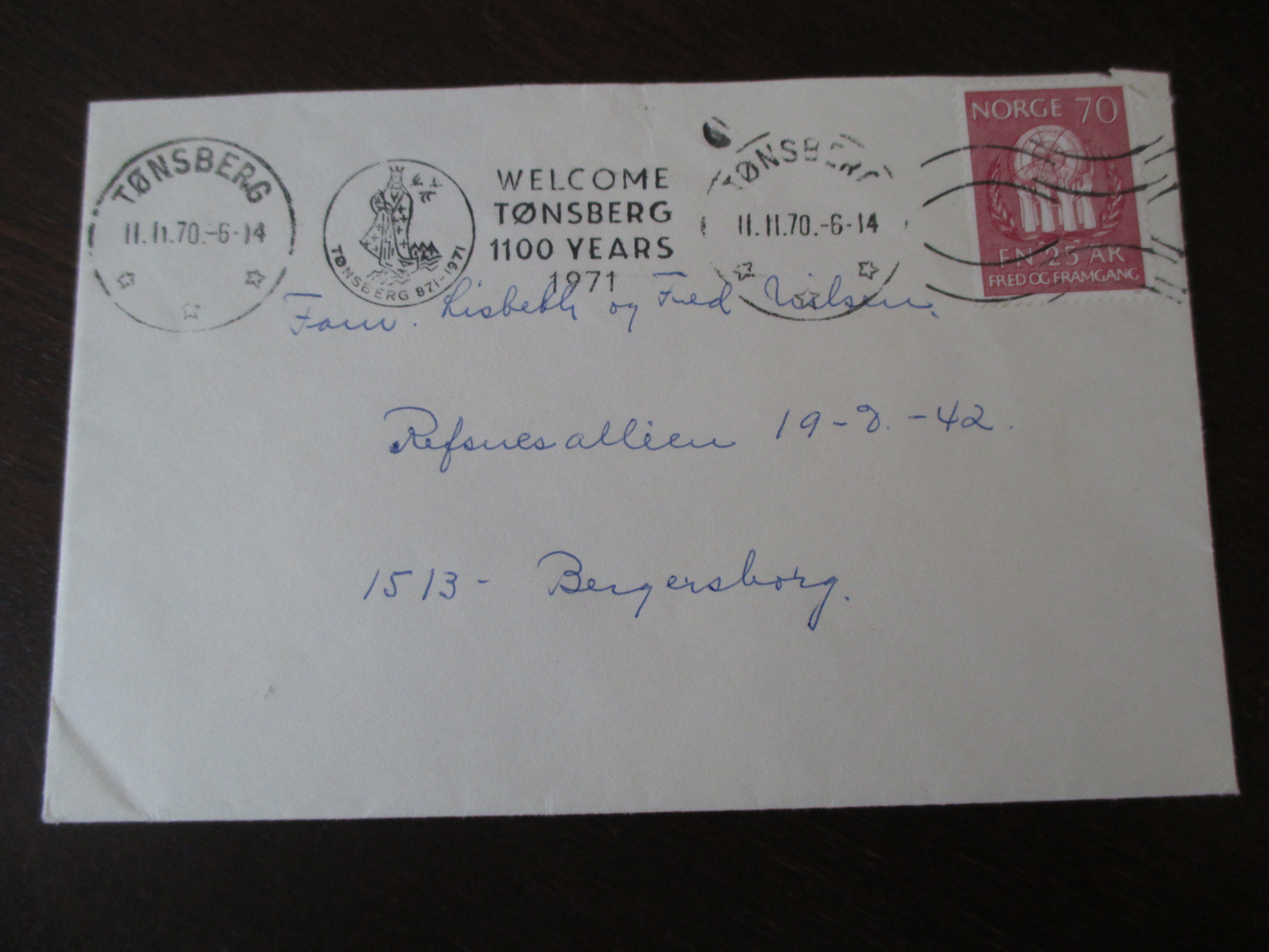 Brev st. Tønsberg 11.11.1970. TMS ''Welcome Tønsberg 1100''