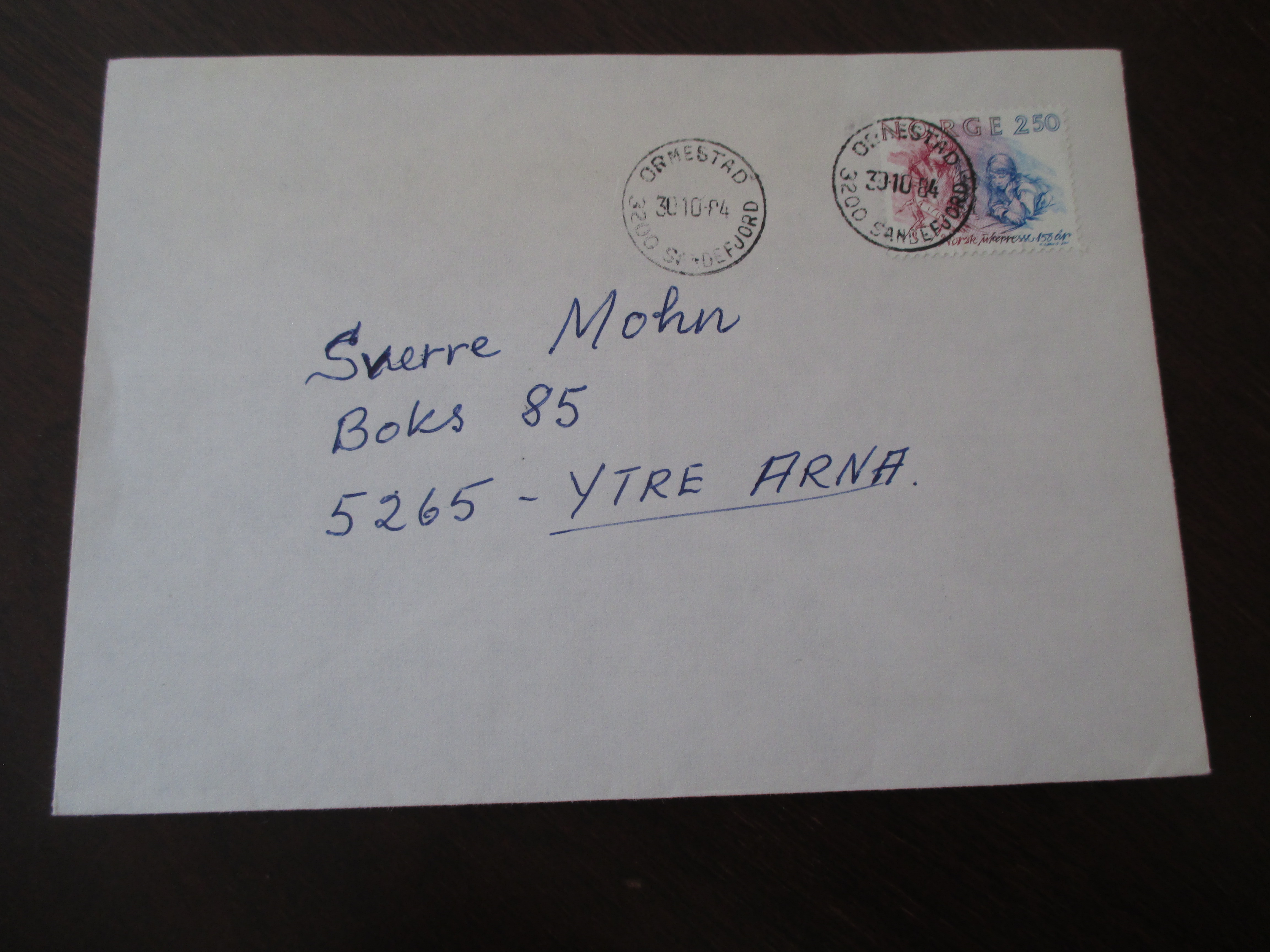 Brev st. Ormestad, Sandefjord 30.10.1984. (I22N)