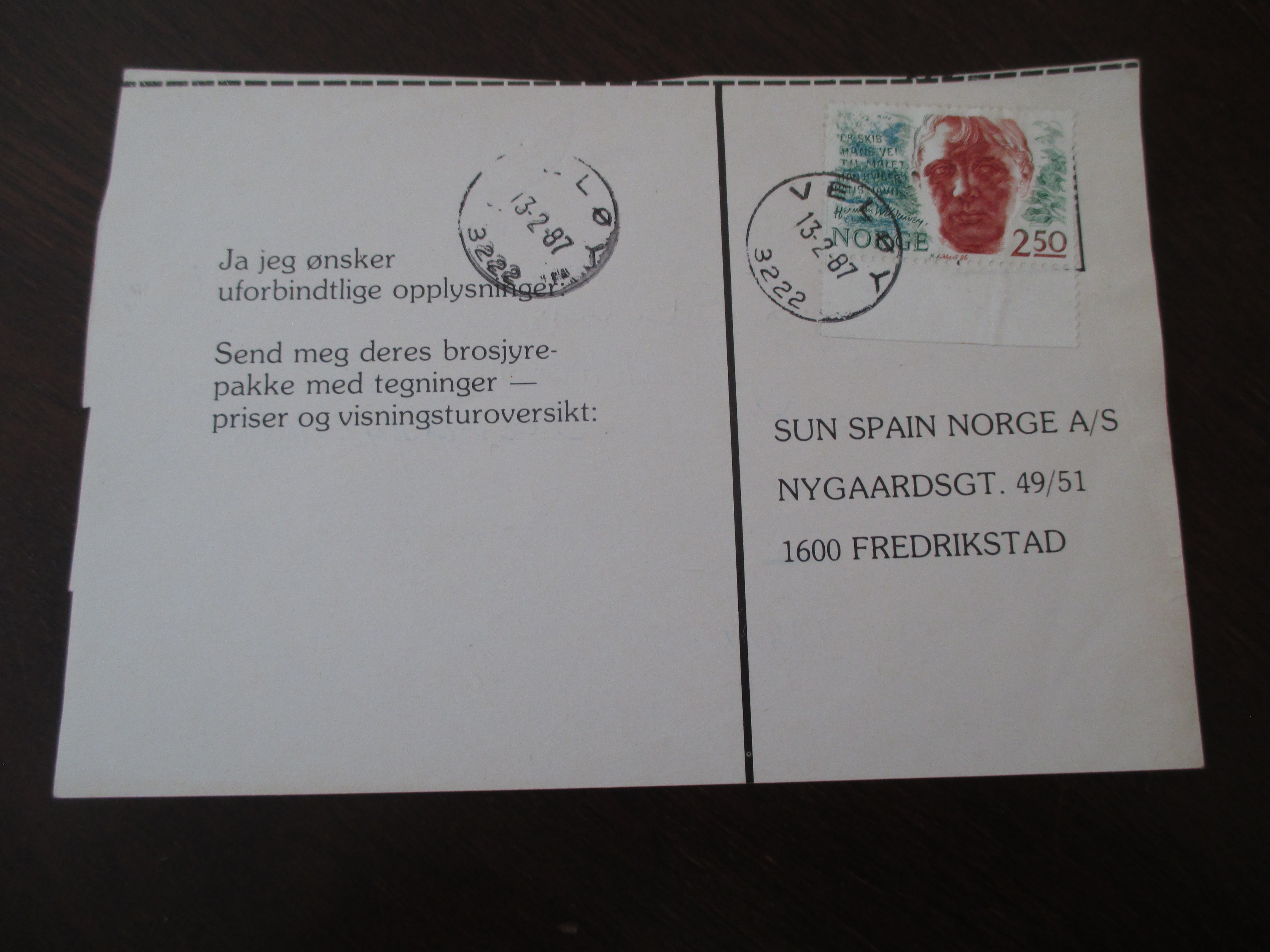 Brev st. Veløy 13.02.1987. (I22N)