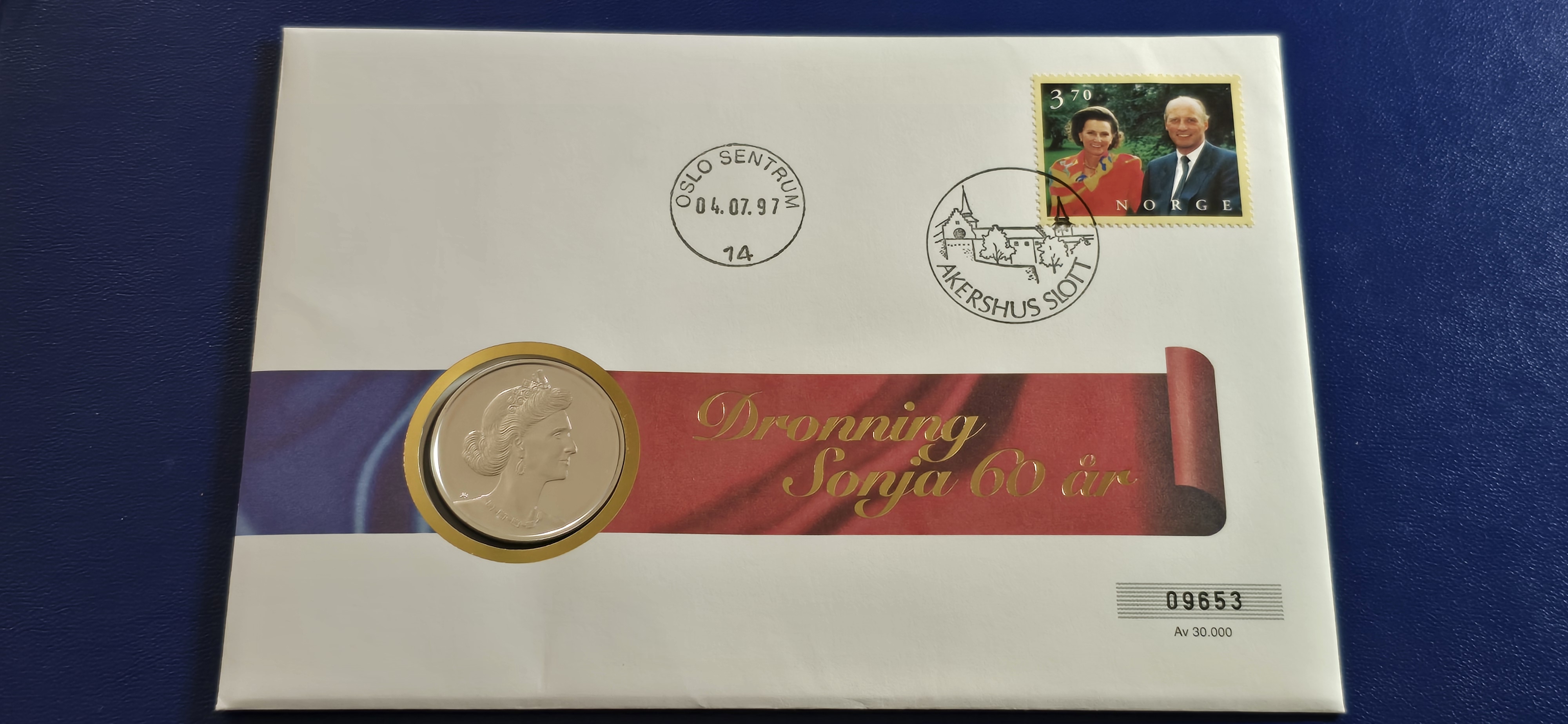 MYNTBREV DRONNING SONJA 60ÅR 1997 SØLVMEDALJE
