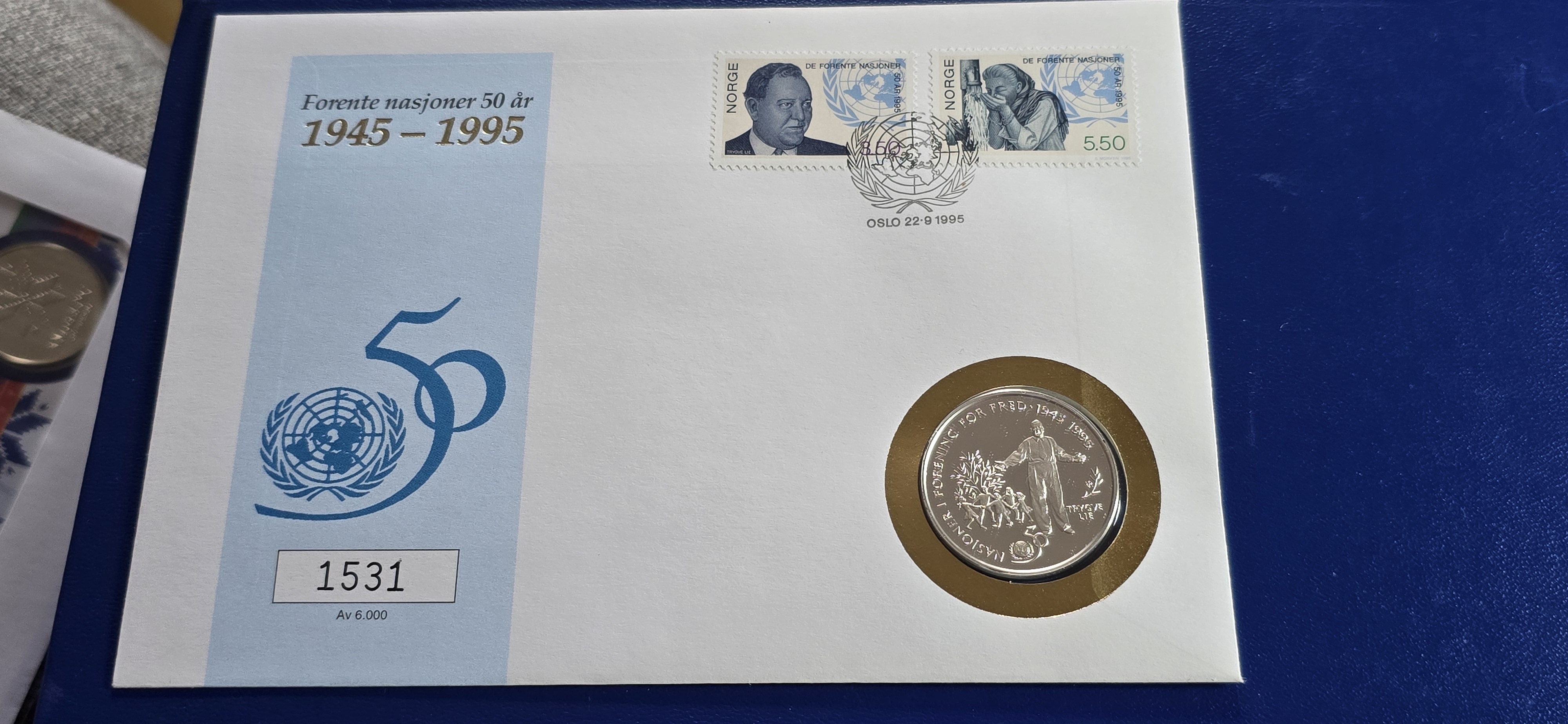 MYNTBREV FORENTE NASJONER 50ÅR NORGE 50,-  1995 SØLV