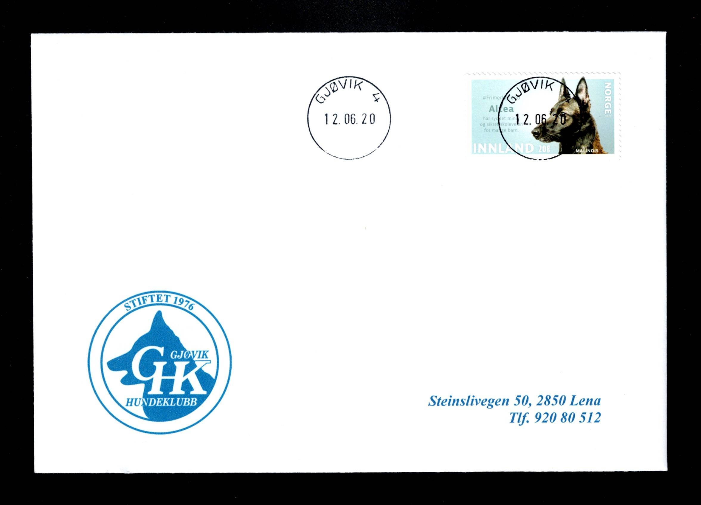 FDC 2020 NK2035 GJØVIK vignet Gjøvik Hundeklubb