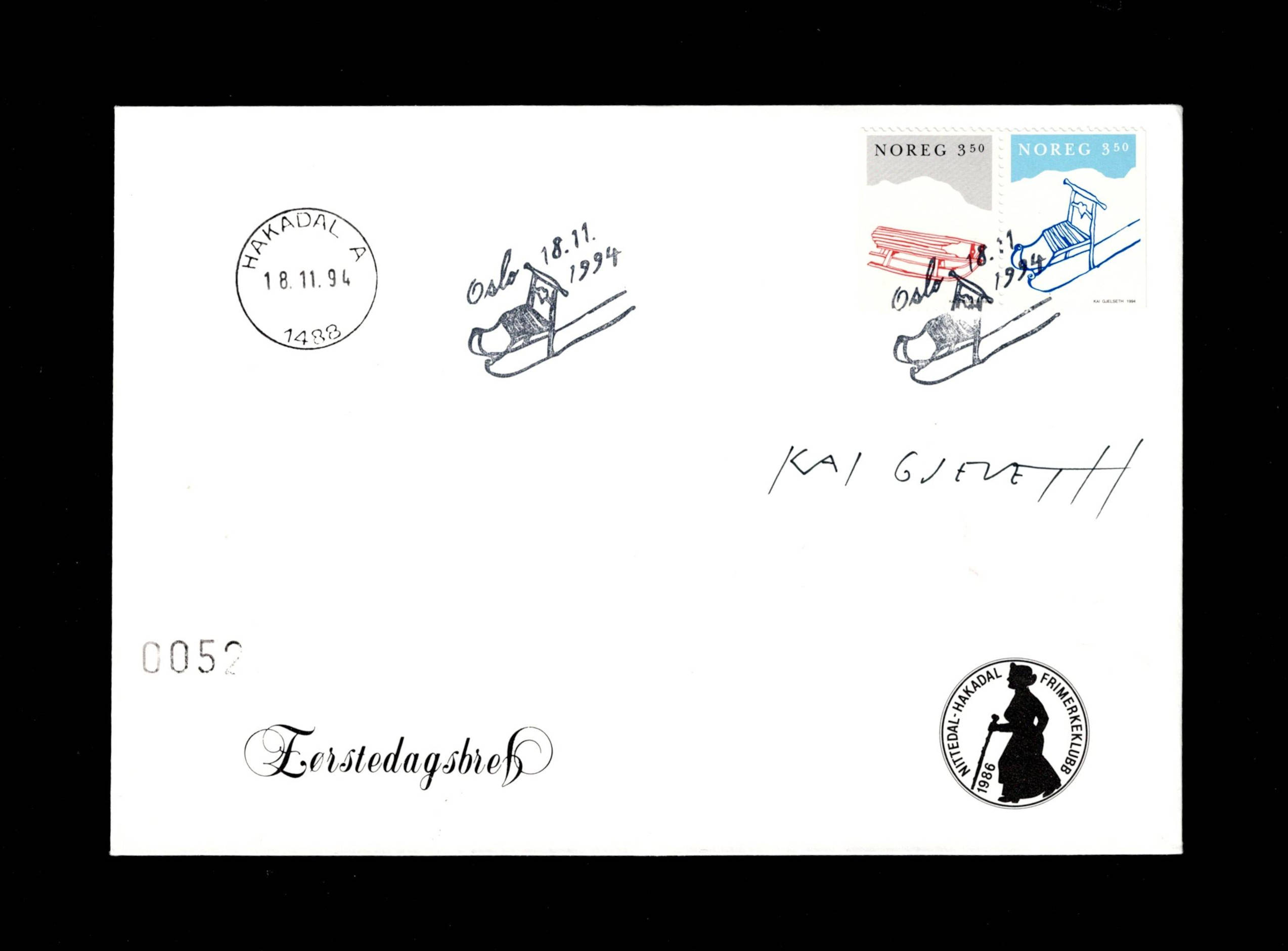 FDC 1994 NK1219-20 HAKADAL vignet HFK signert Gjelseth