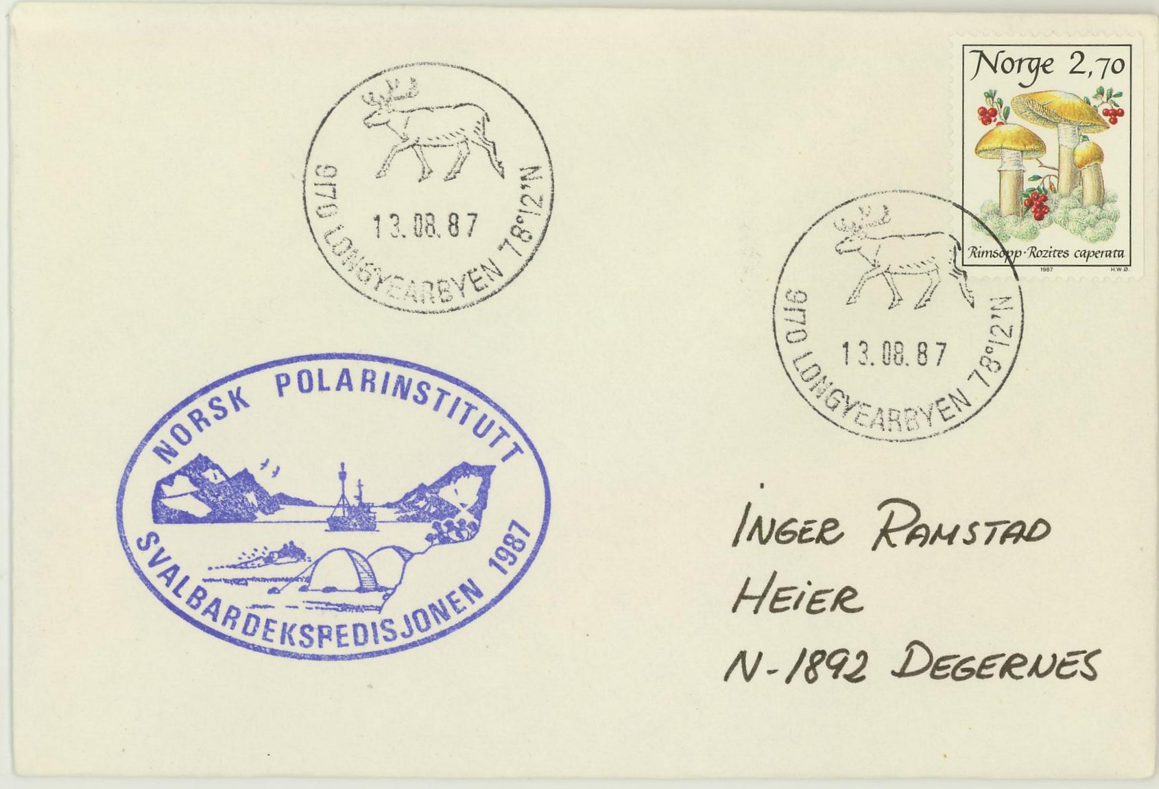 Norsk Polarinstitutt / Svalbardekspedisjonen 1987. Stemplet i Longyearbyen.