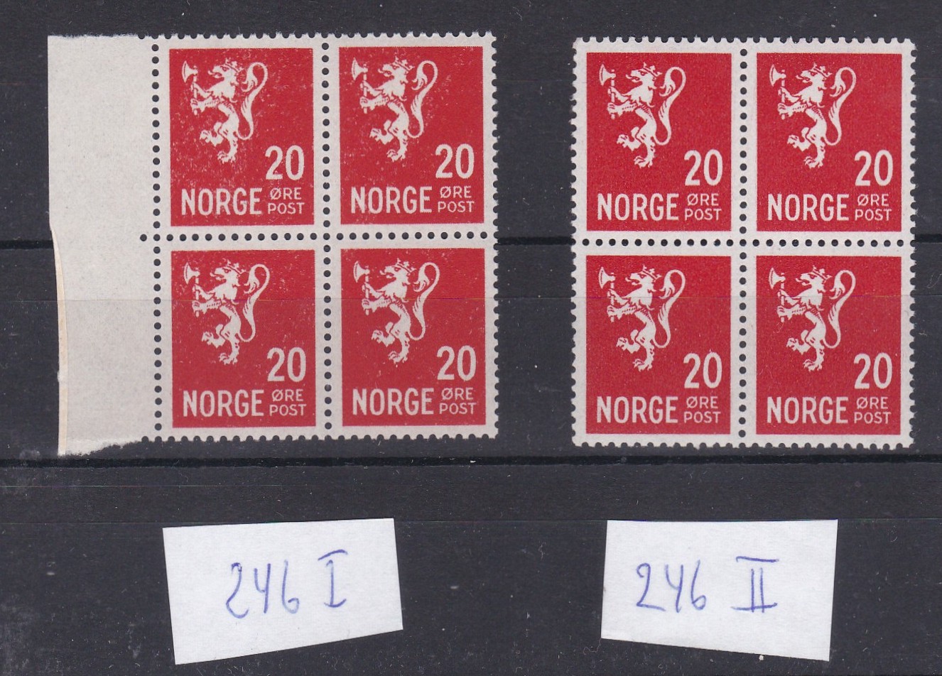 Løve 20 øre ( NK246I og NK 246II) 4-blokk postfrisk