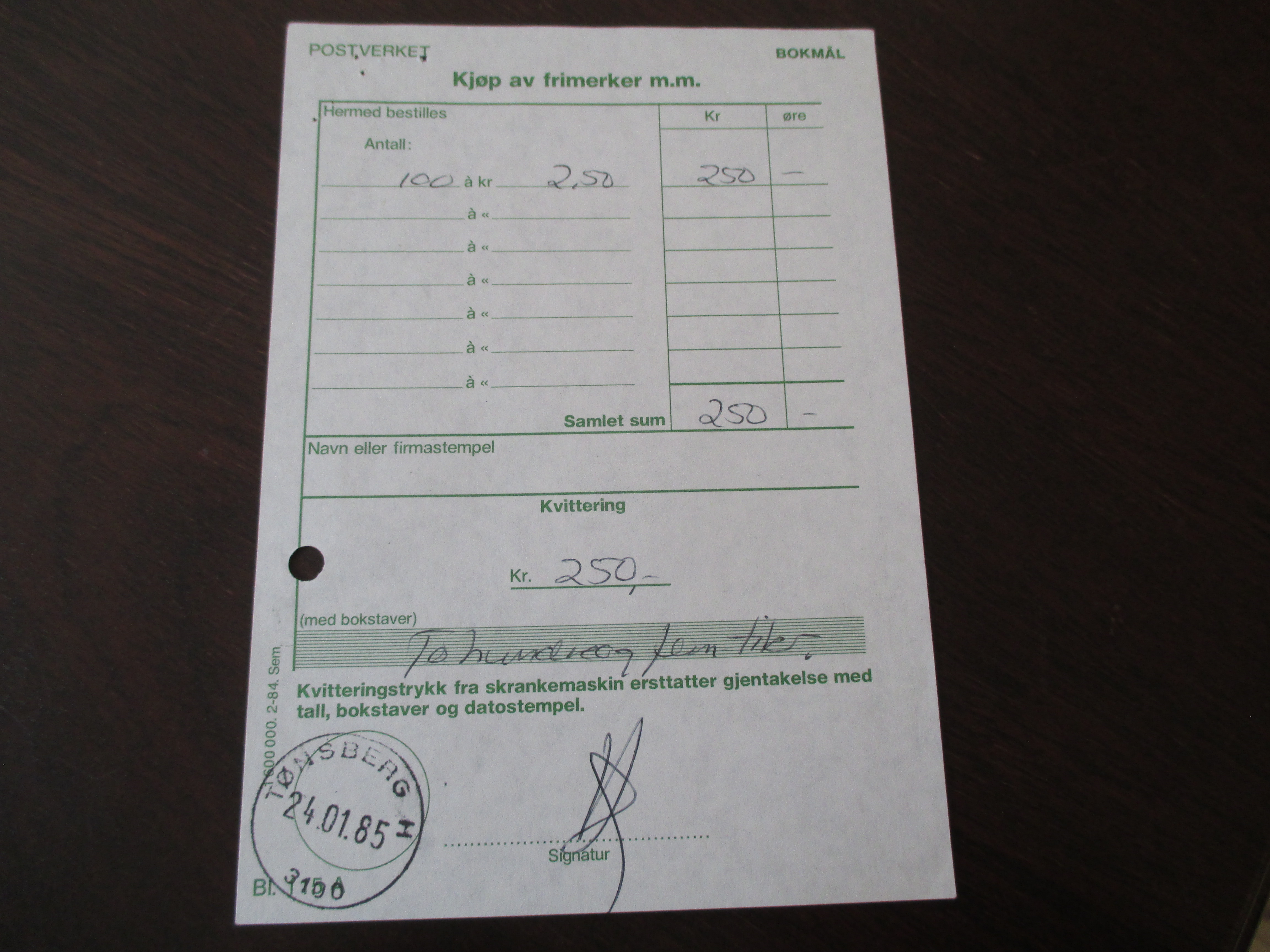 Kvittering st. Tønsberg H 24.01.1985. (I25N)