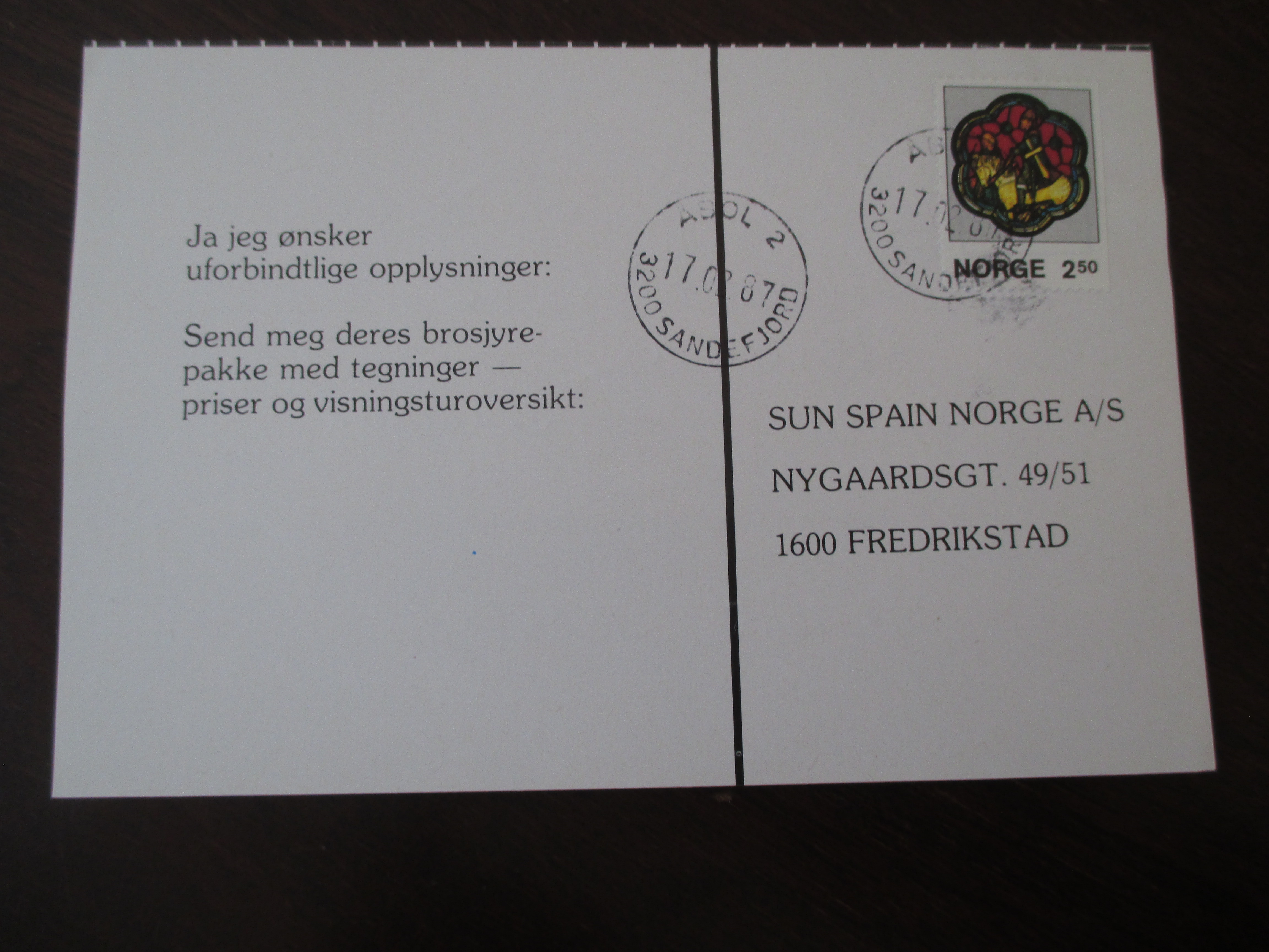 Brev st. Åbol 2 Sandefjord 17.02.1987. (I25N)